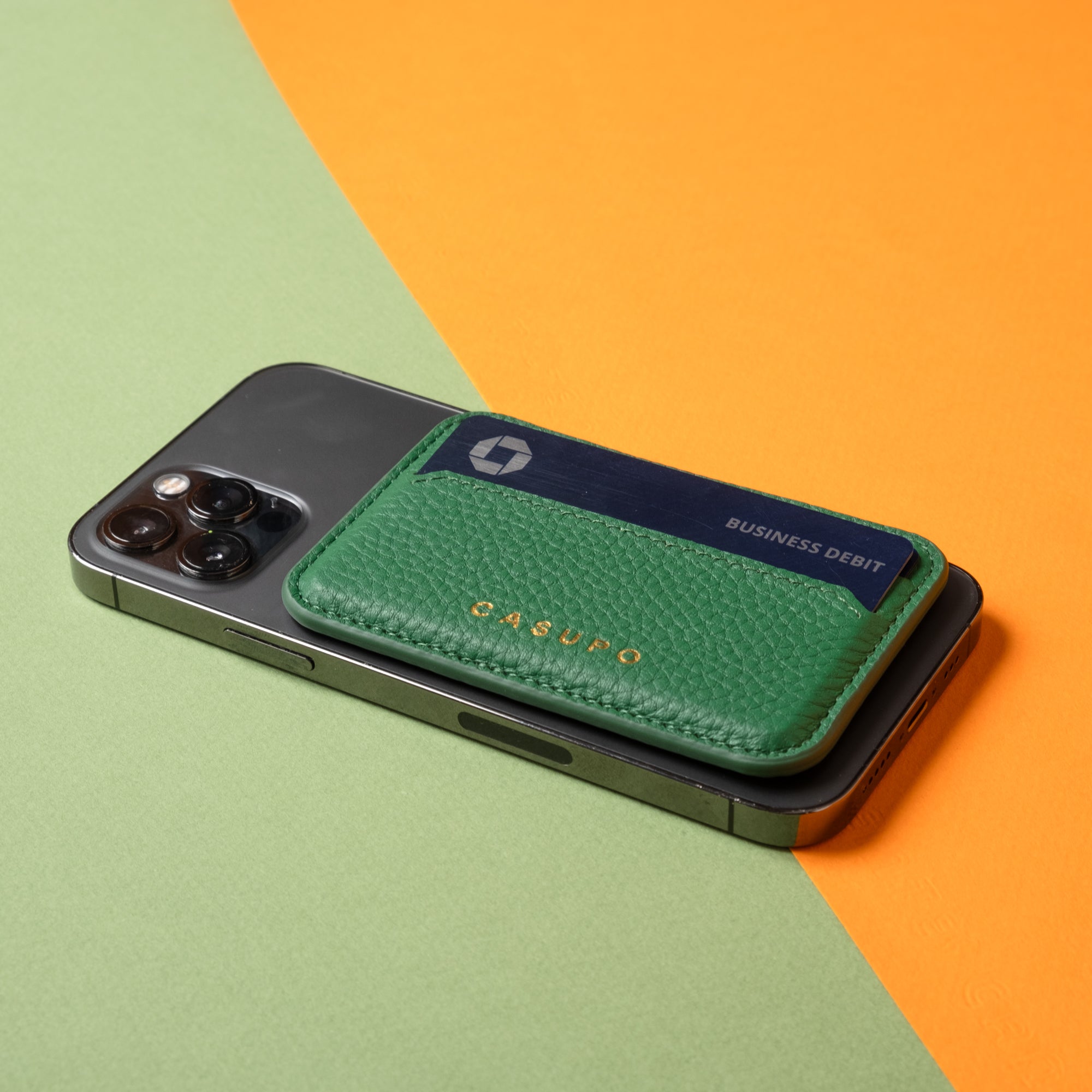 green leather mag safe iphone wallet for men