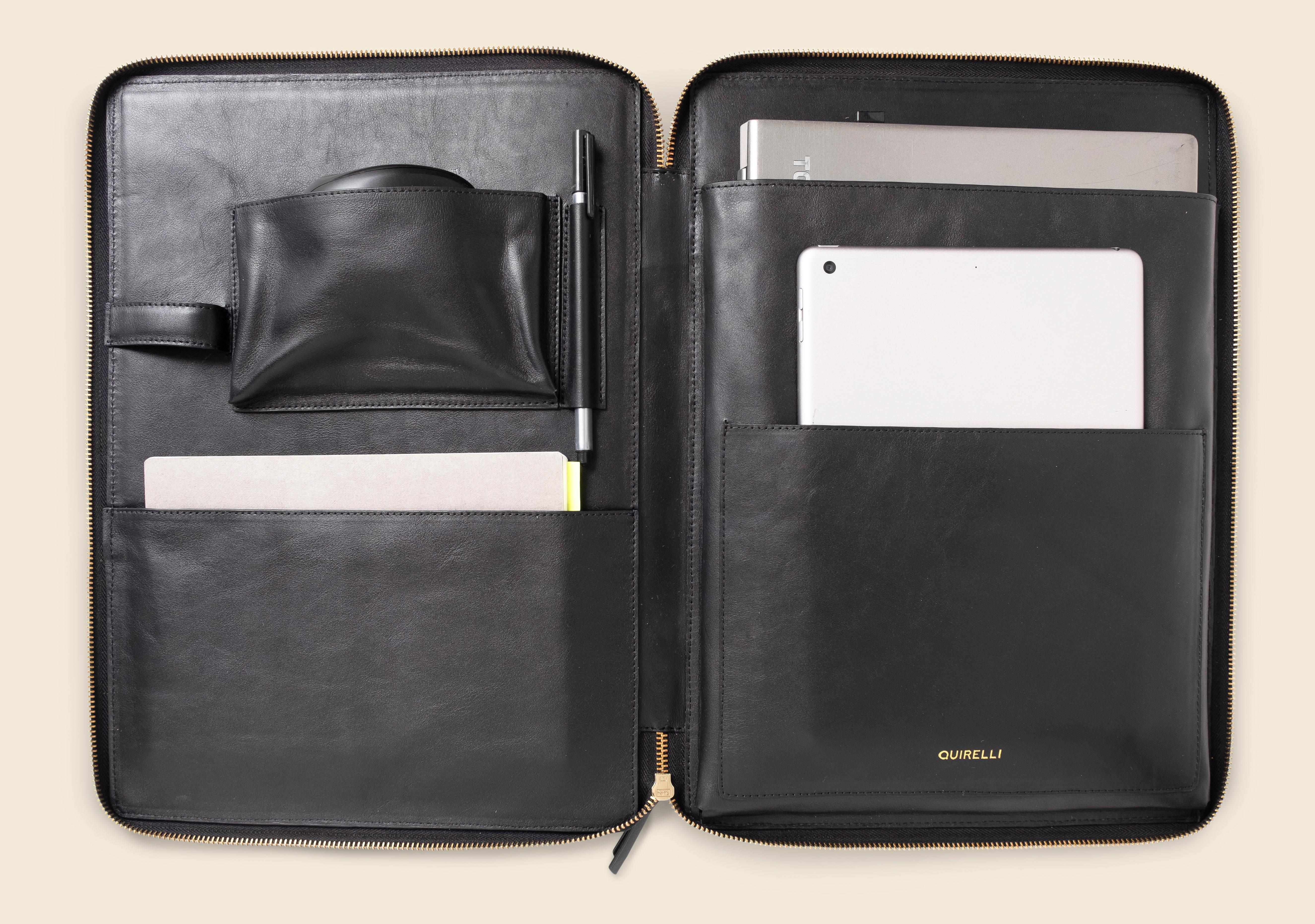 black leather zippered laptop and ipad folder custom gifts