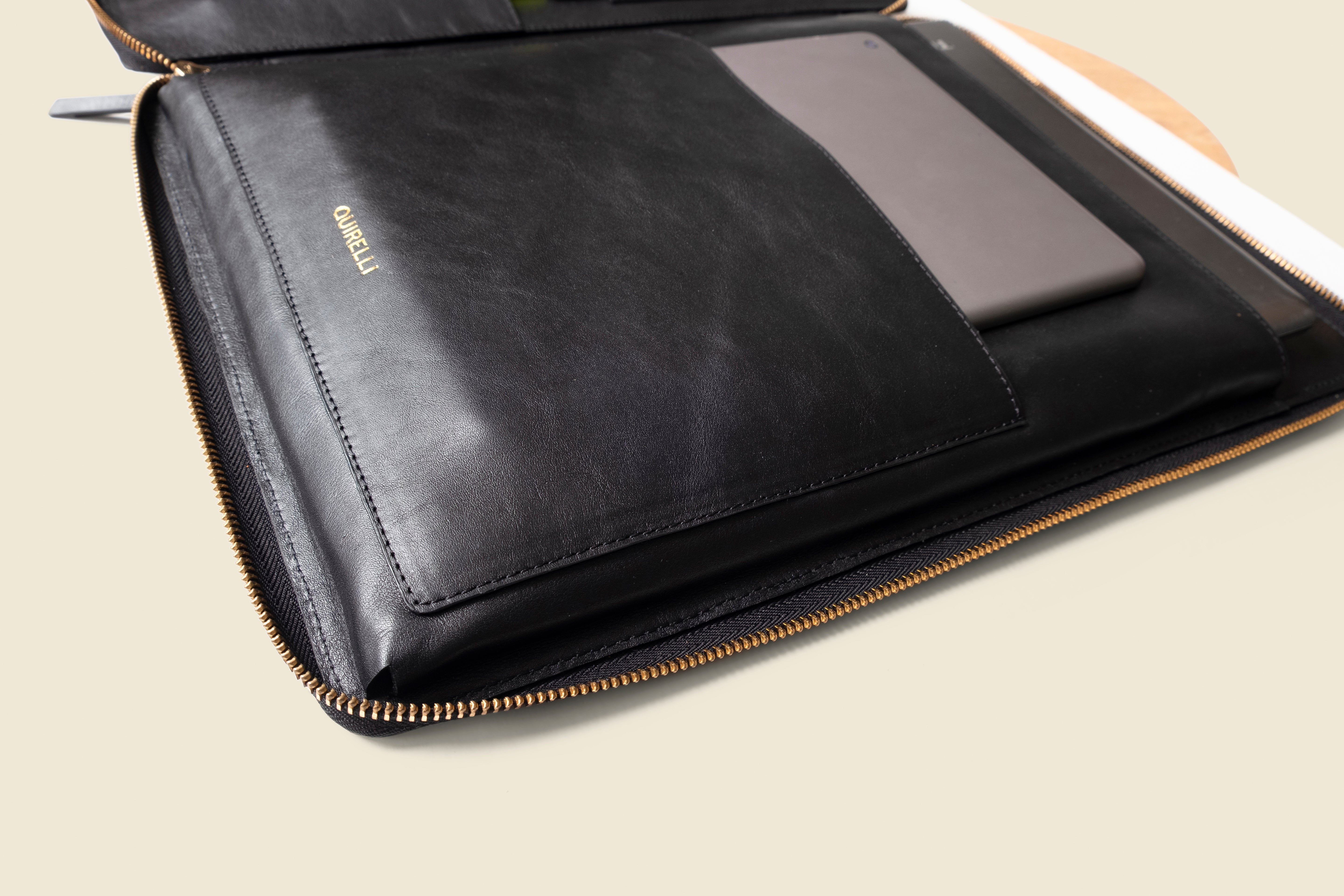 black leather zippered pad folio