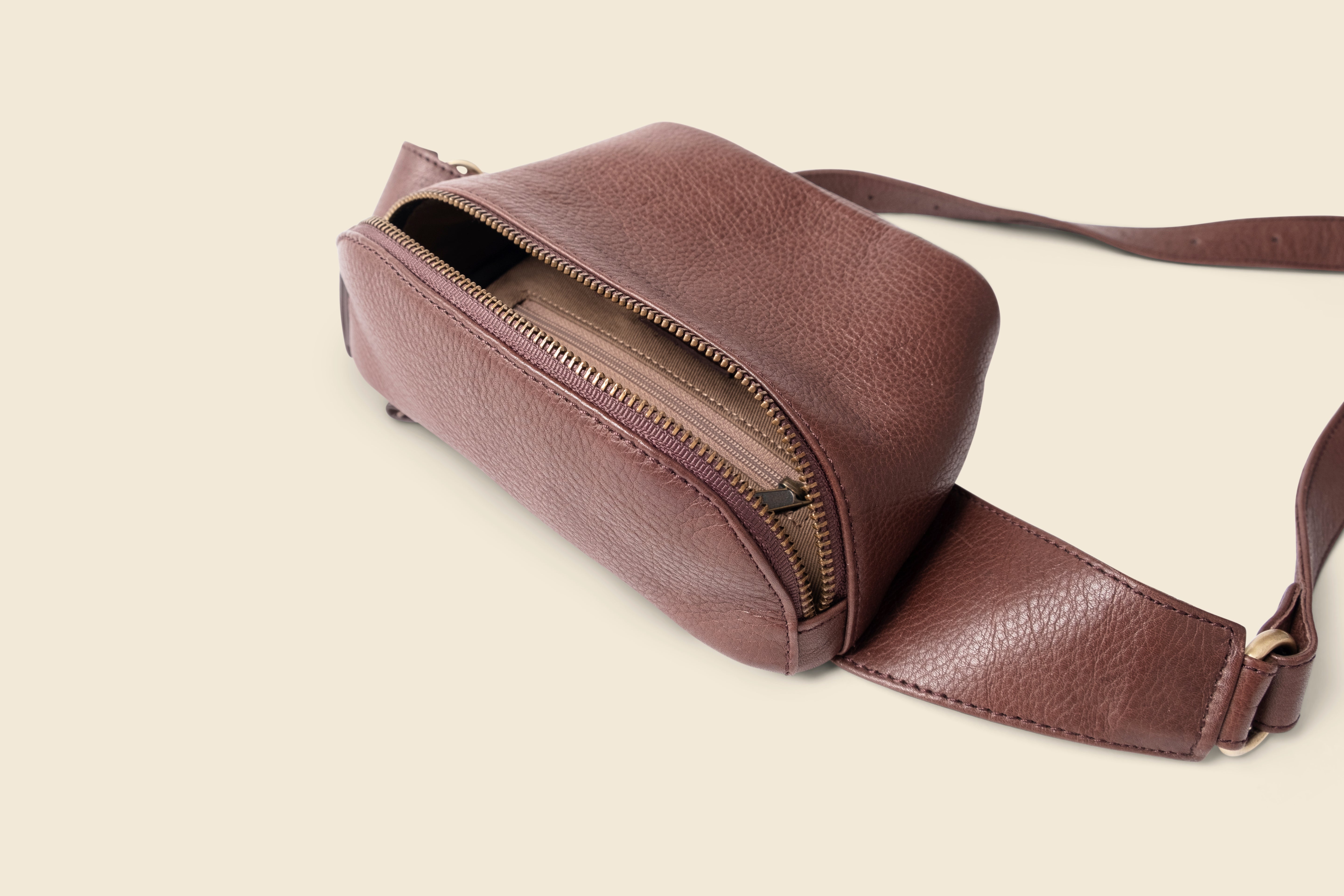 brown leather crossbody bag and fanny pack bag for private events and corporate gifts.