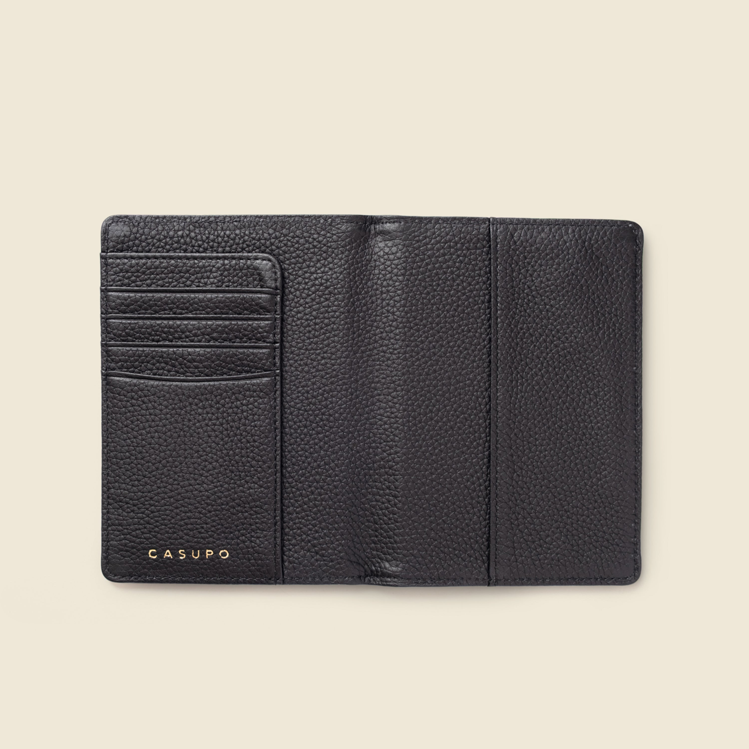 Black leather wallet with 'CASUPO' branding on a white background