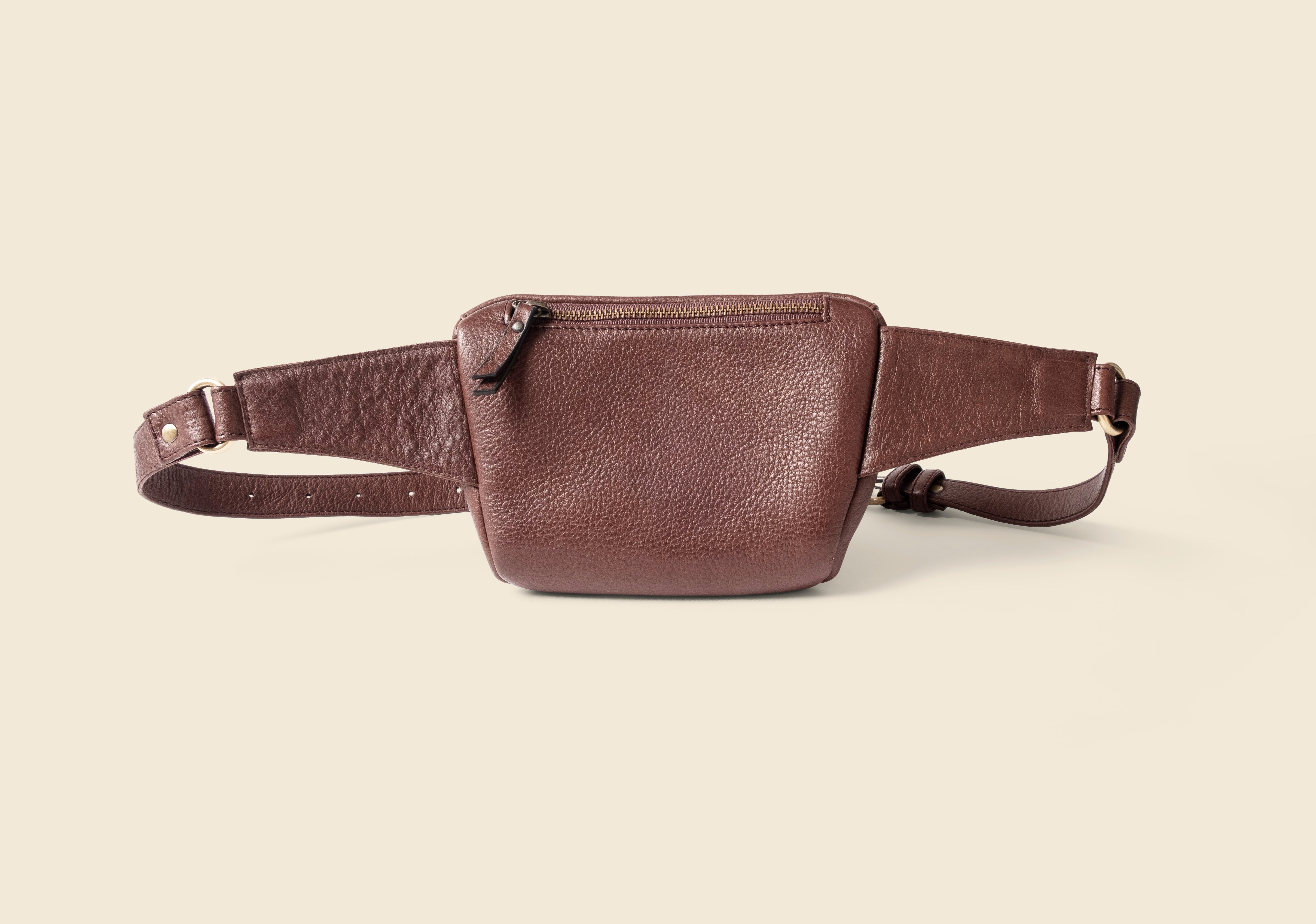 brown leather fanny pack bag for private events and corporate gifts.