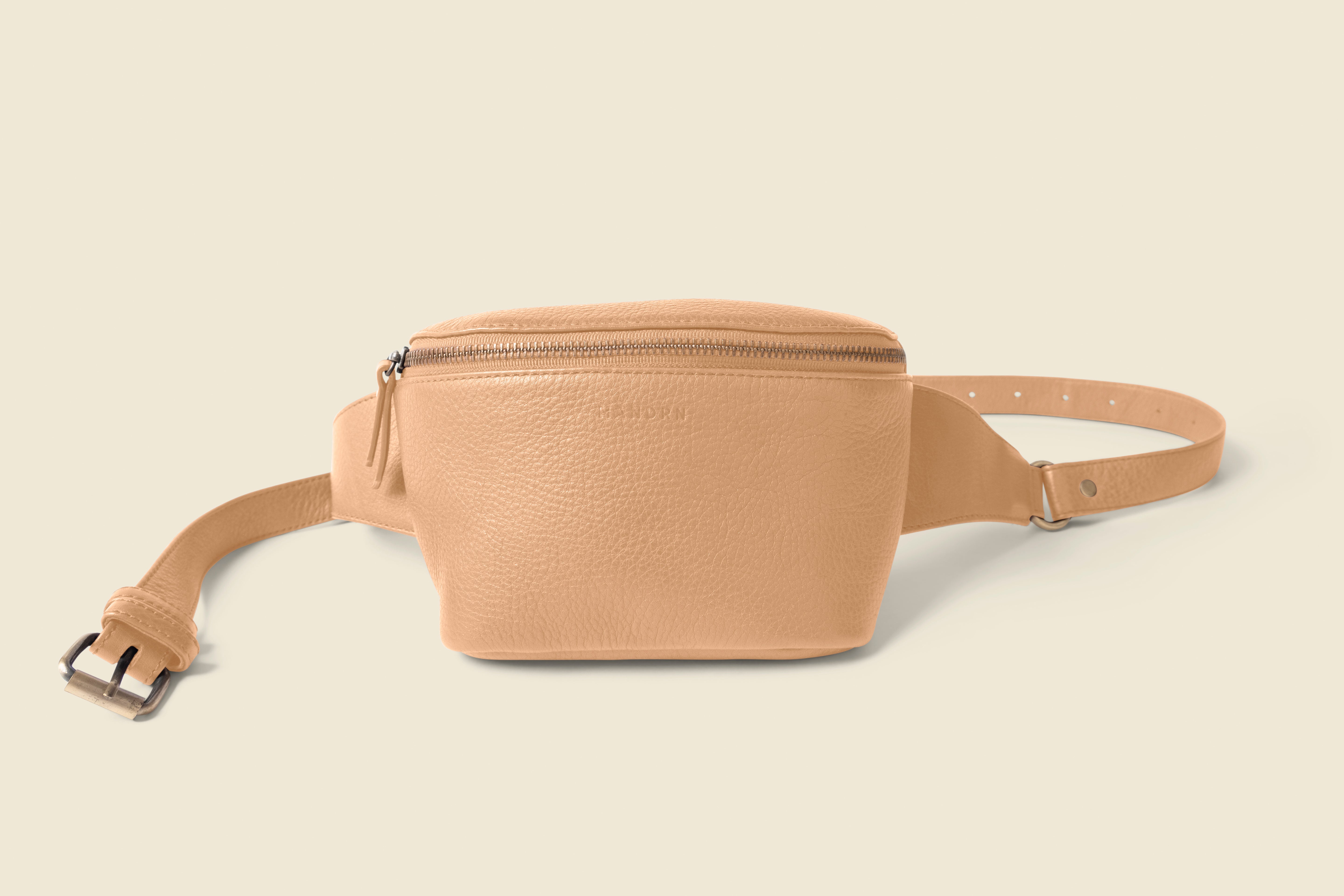 beige leather fanny pack bag for private events and corporate gifts.