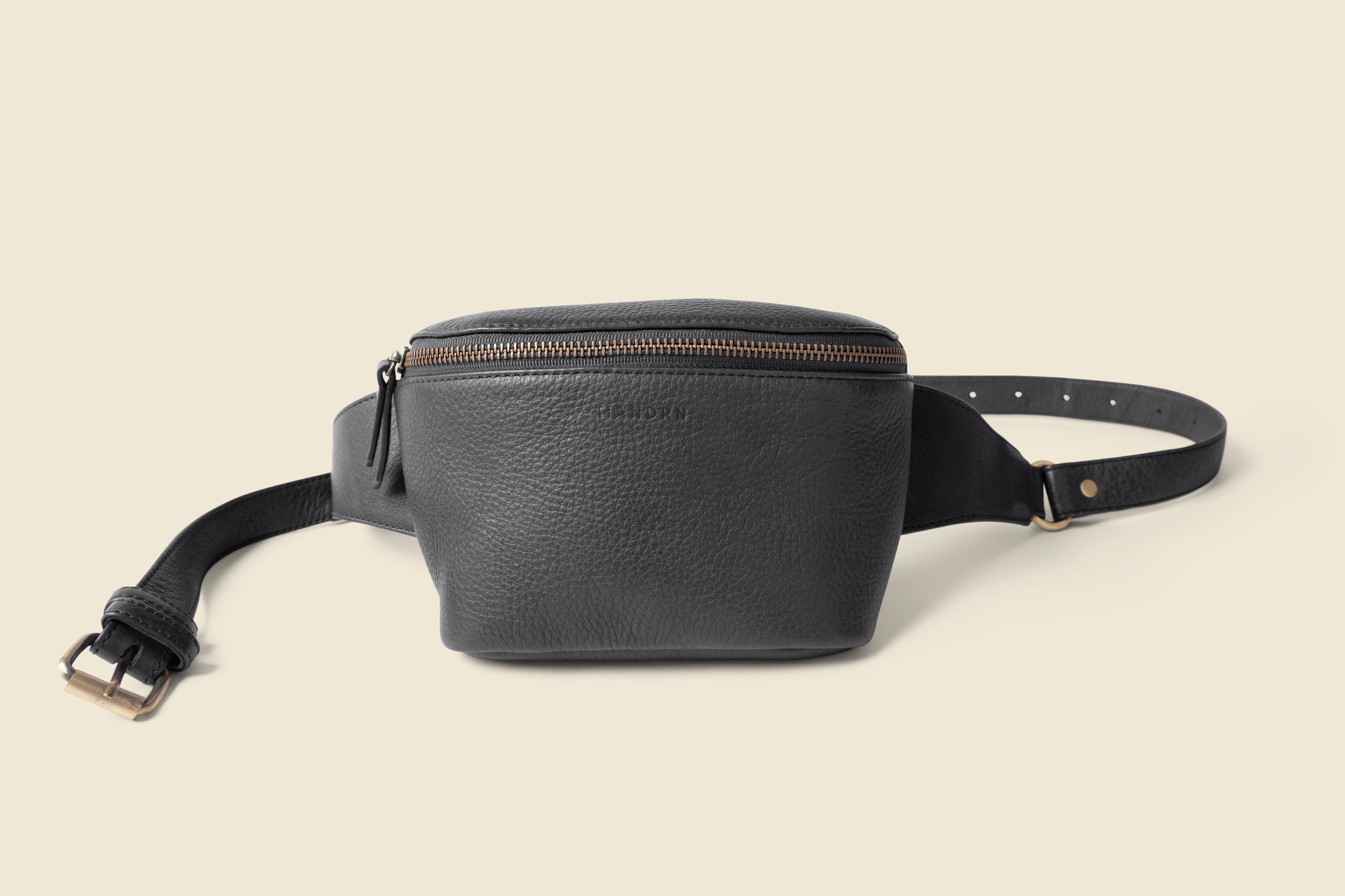 black leather fanny pack bag for private events and corporate gifts.