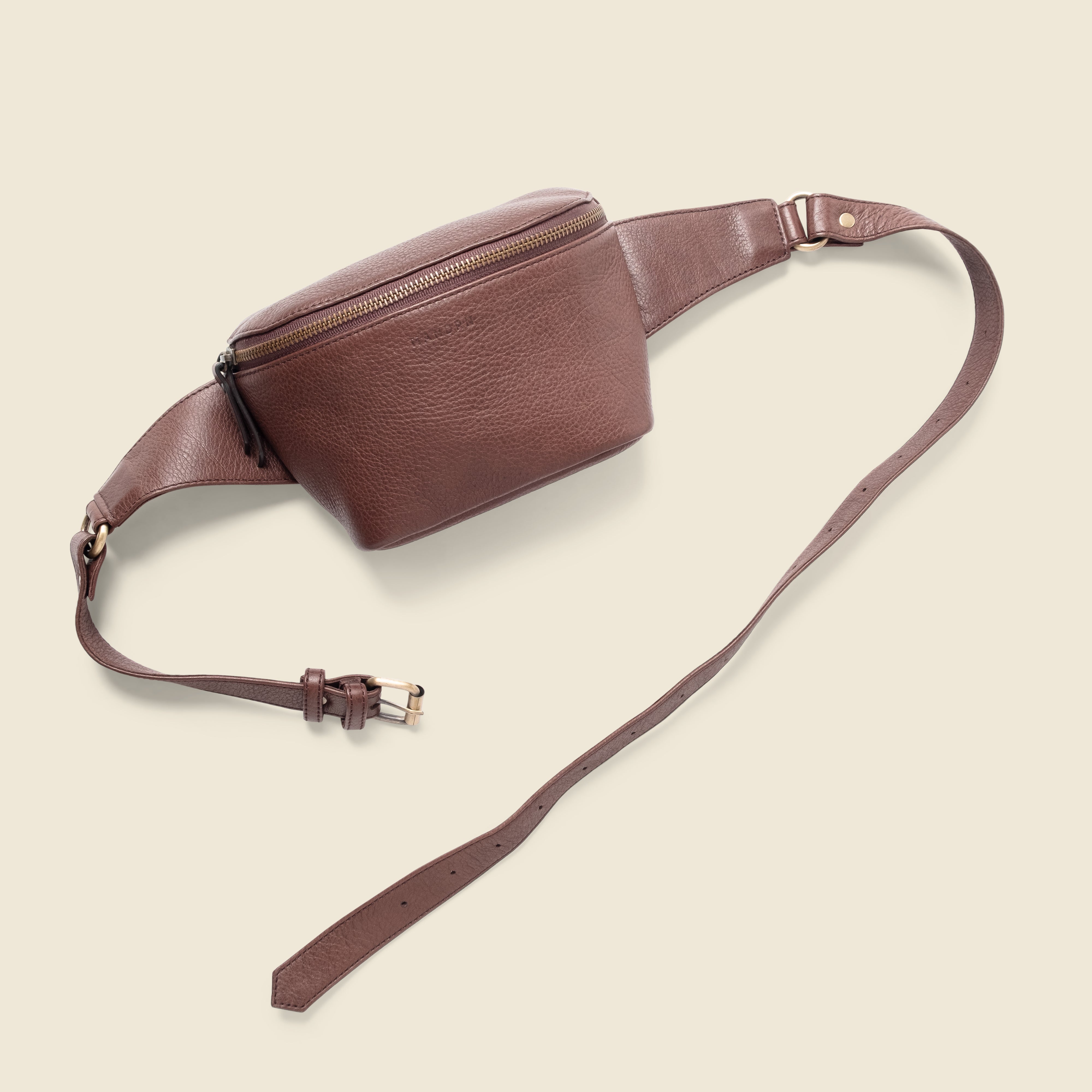brown leather fanny pack bag for private events and corporate gifts.