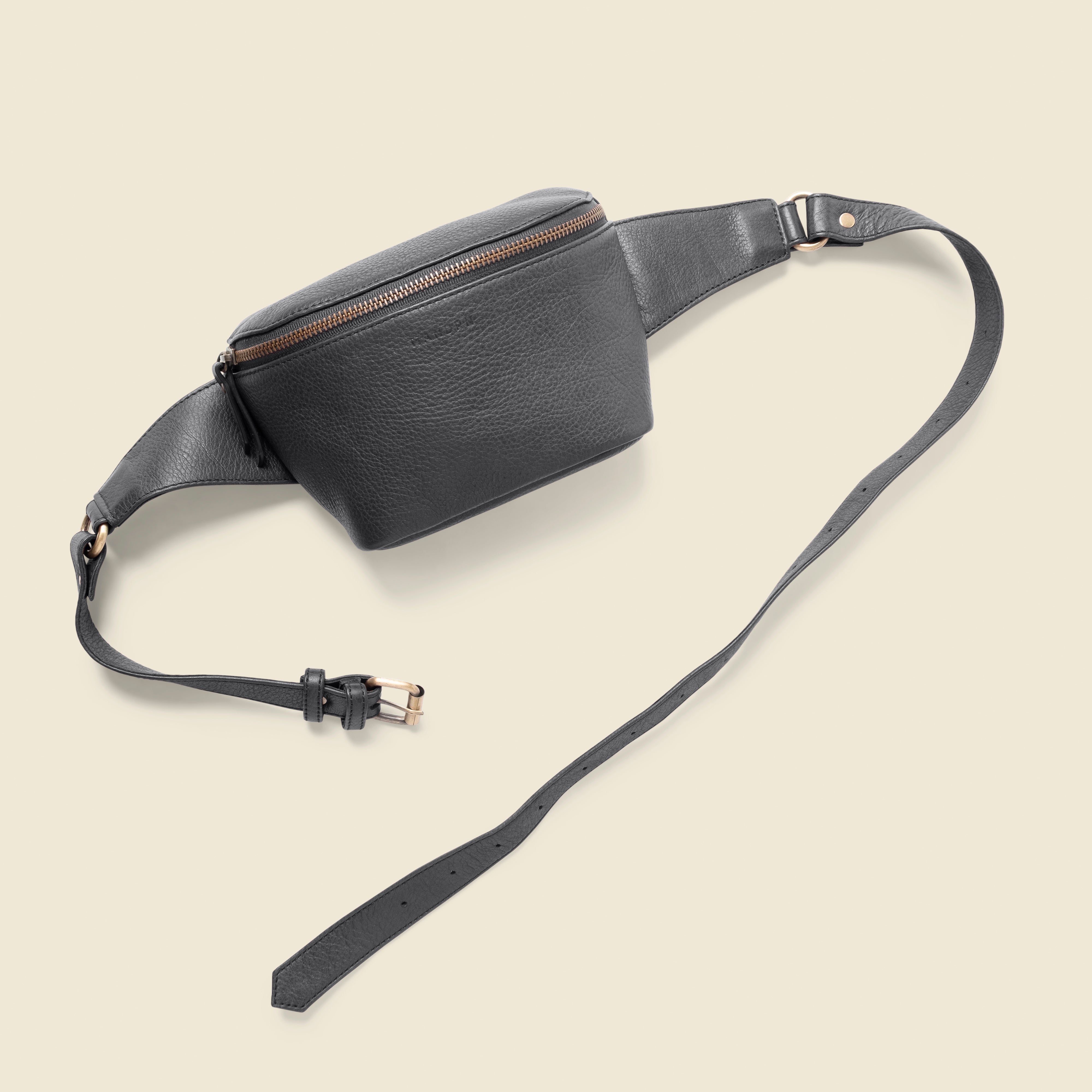 black leather fanny pack bag for private events and corporate gifts.