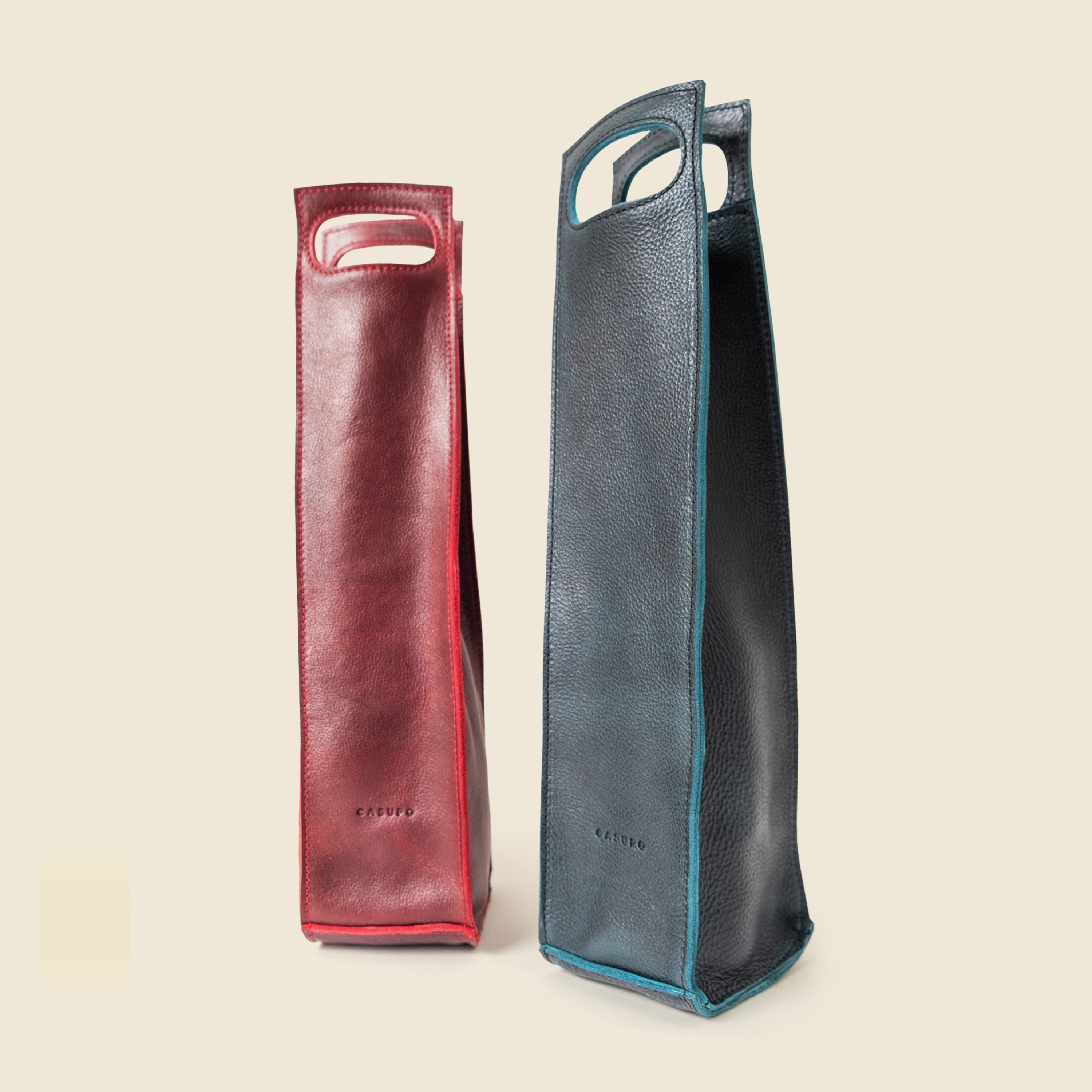 Premium Leather Bottle Tote with Cutout Handle - Midnight Teal