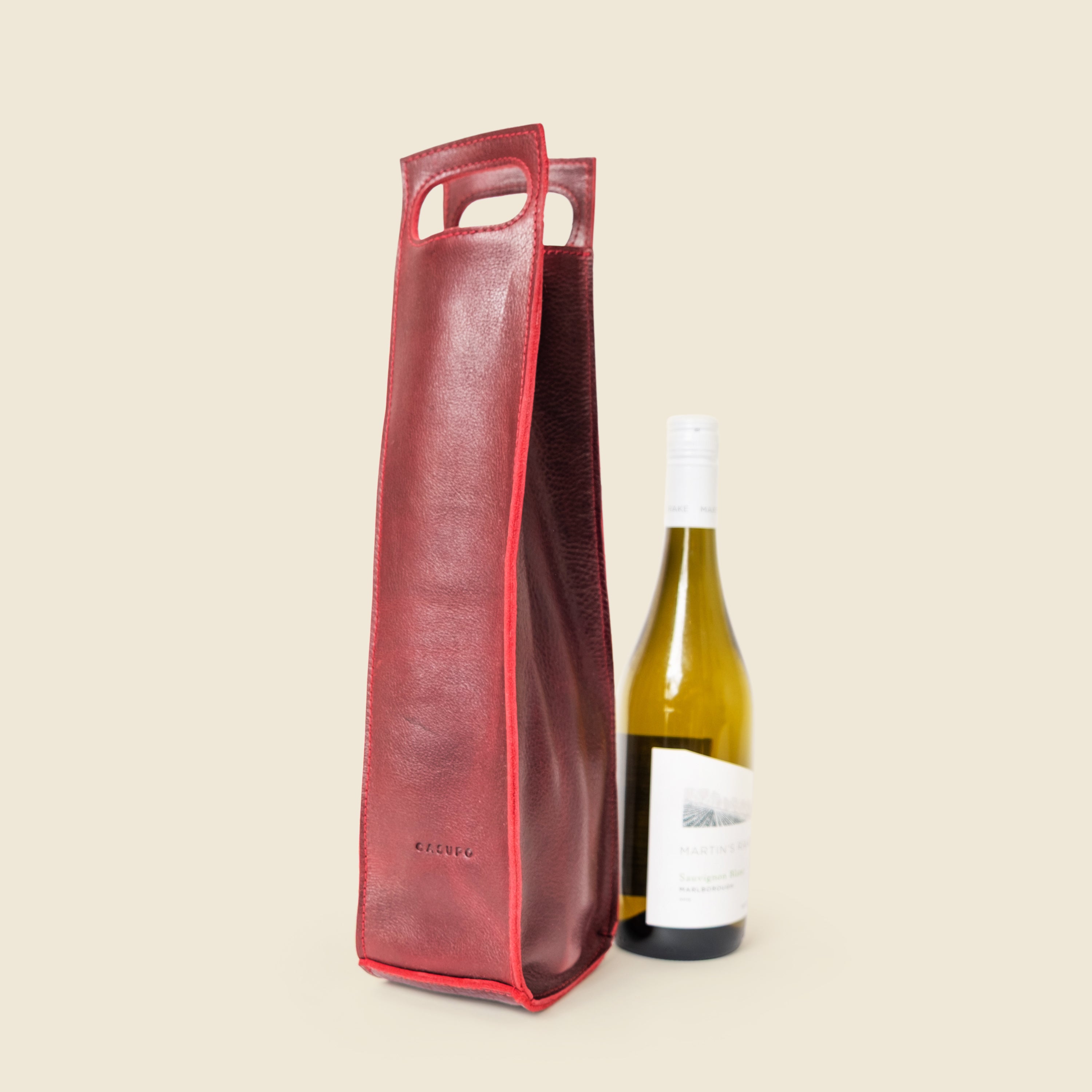 Premium Leather Bottle Tote with Handle - Merlot Red