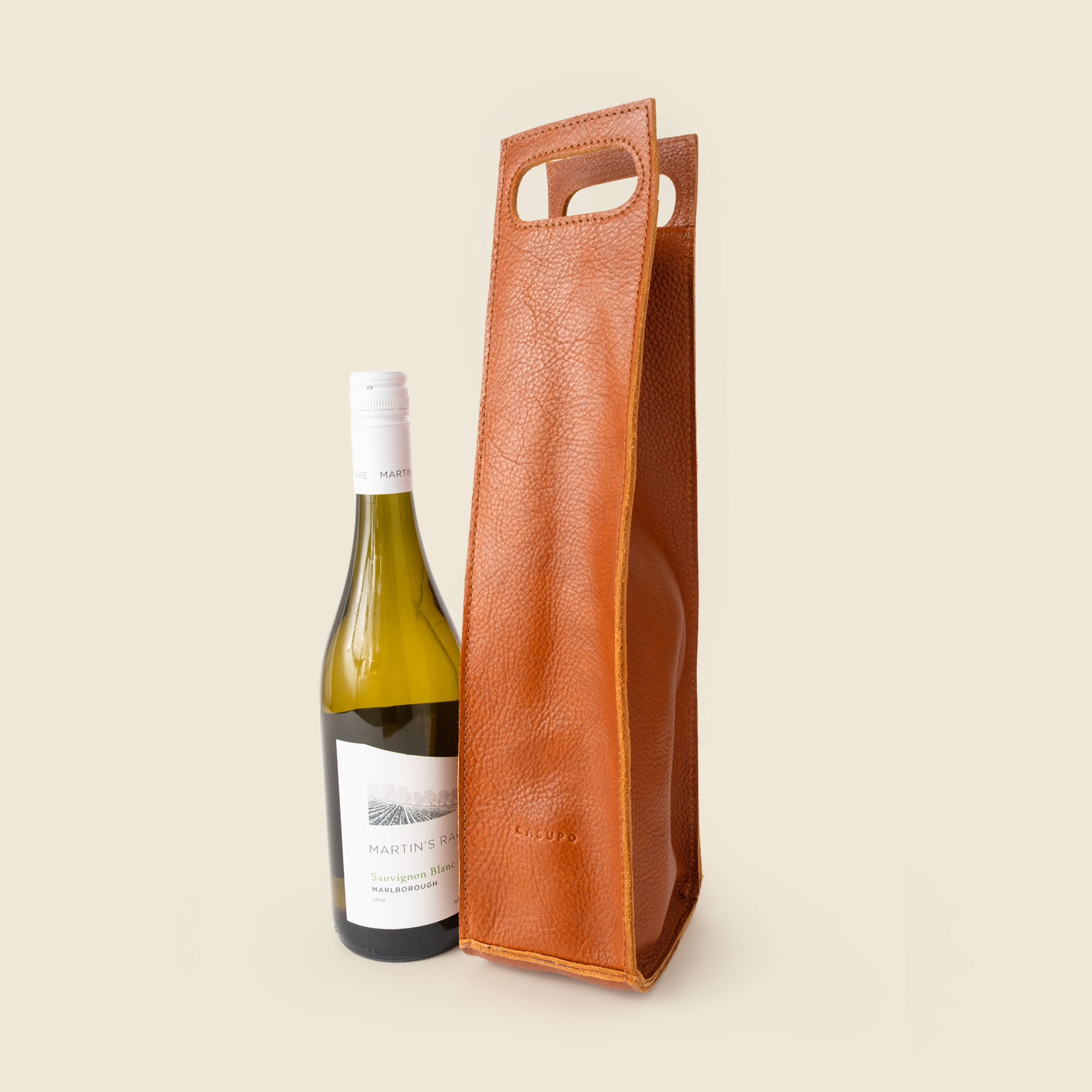 Leather Bottle Tote with Cutout Handle - Natural