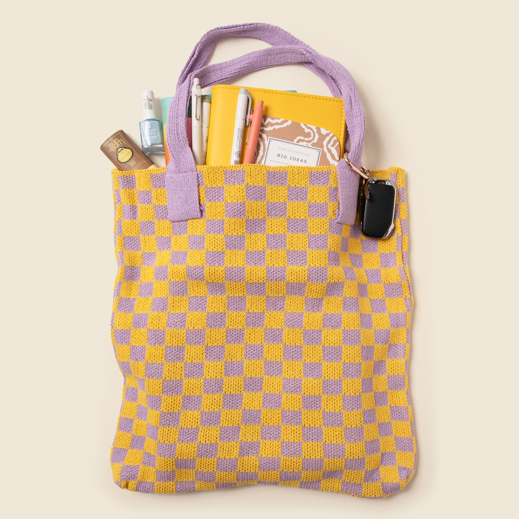 Yellow and Purple Checkered Tote Bag - Washable Cotton Knit with Key Ring