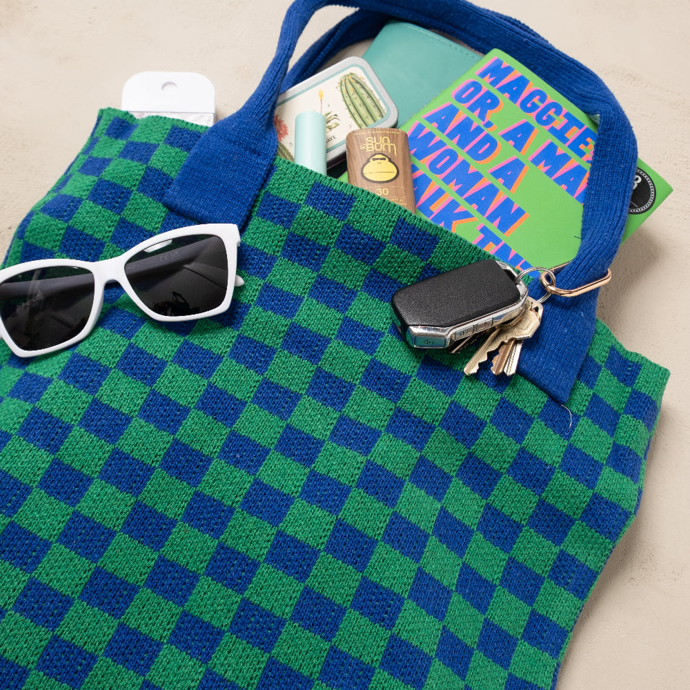 Blue and Green Checkered Tote Bag flat lay on a beige background - Casupo