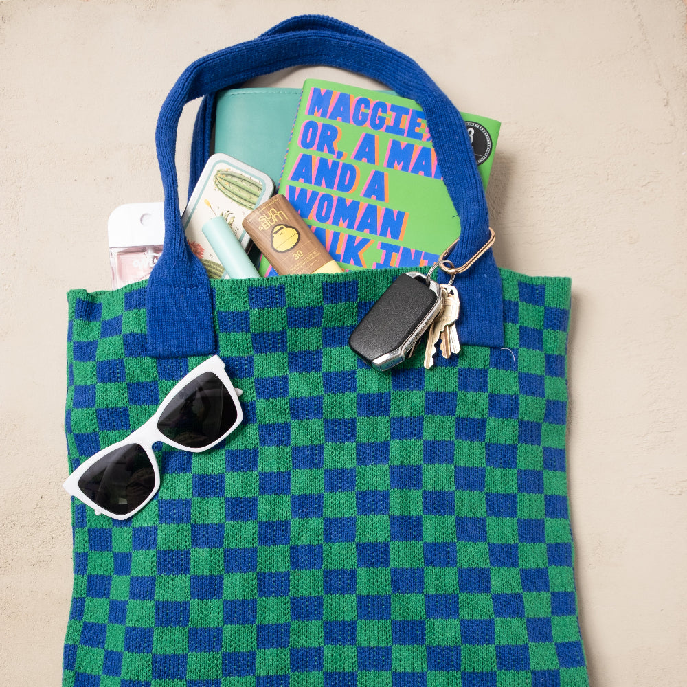 Blue and Green Checkered Tote Bag flat lay on a beige background - Casupo