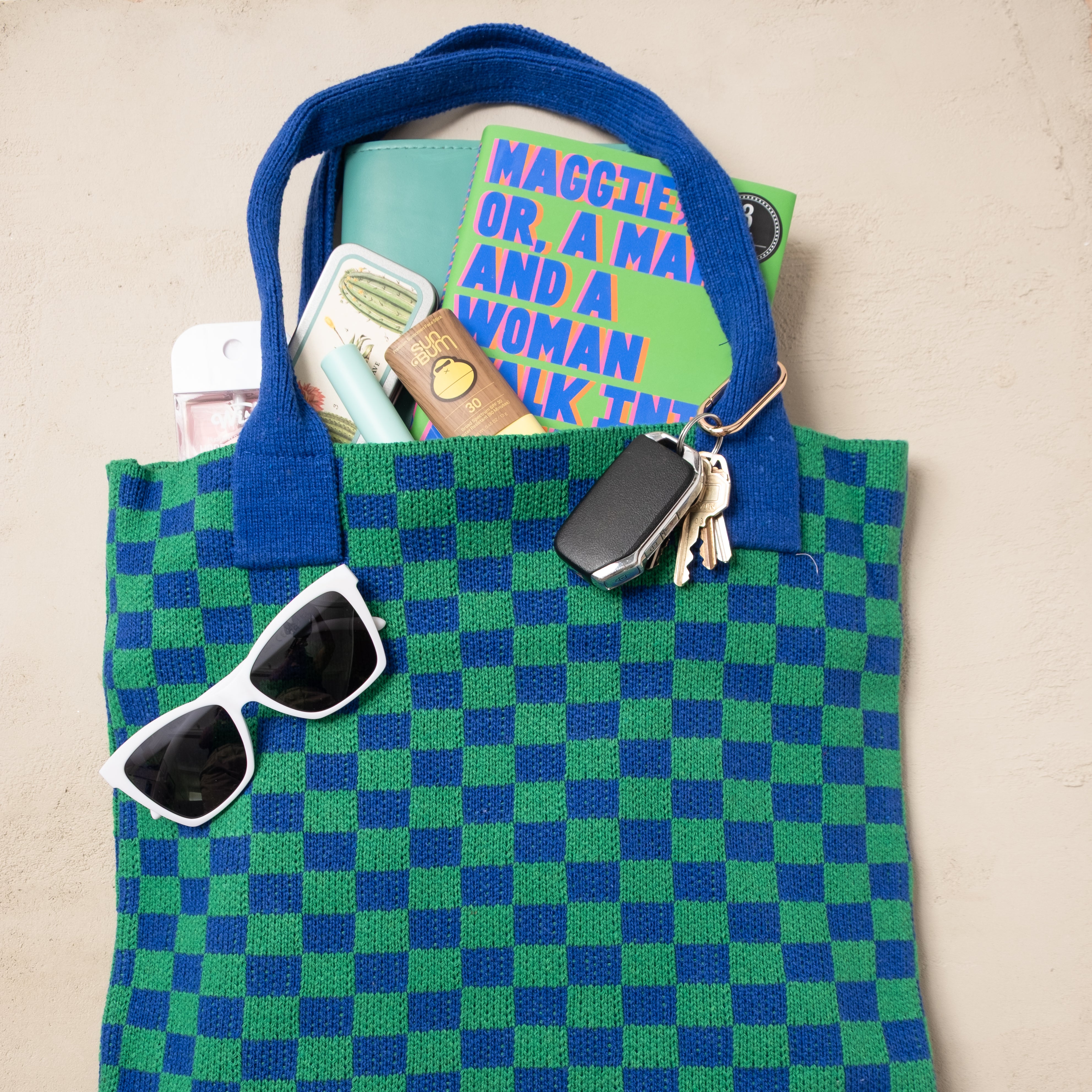 Blue and Green Checkered Tote Bag - Washable Cotton Knit with Key Ring