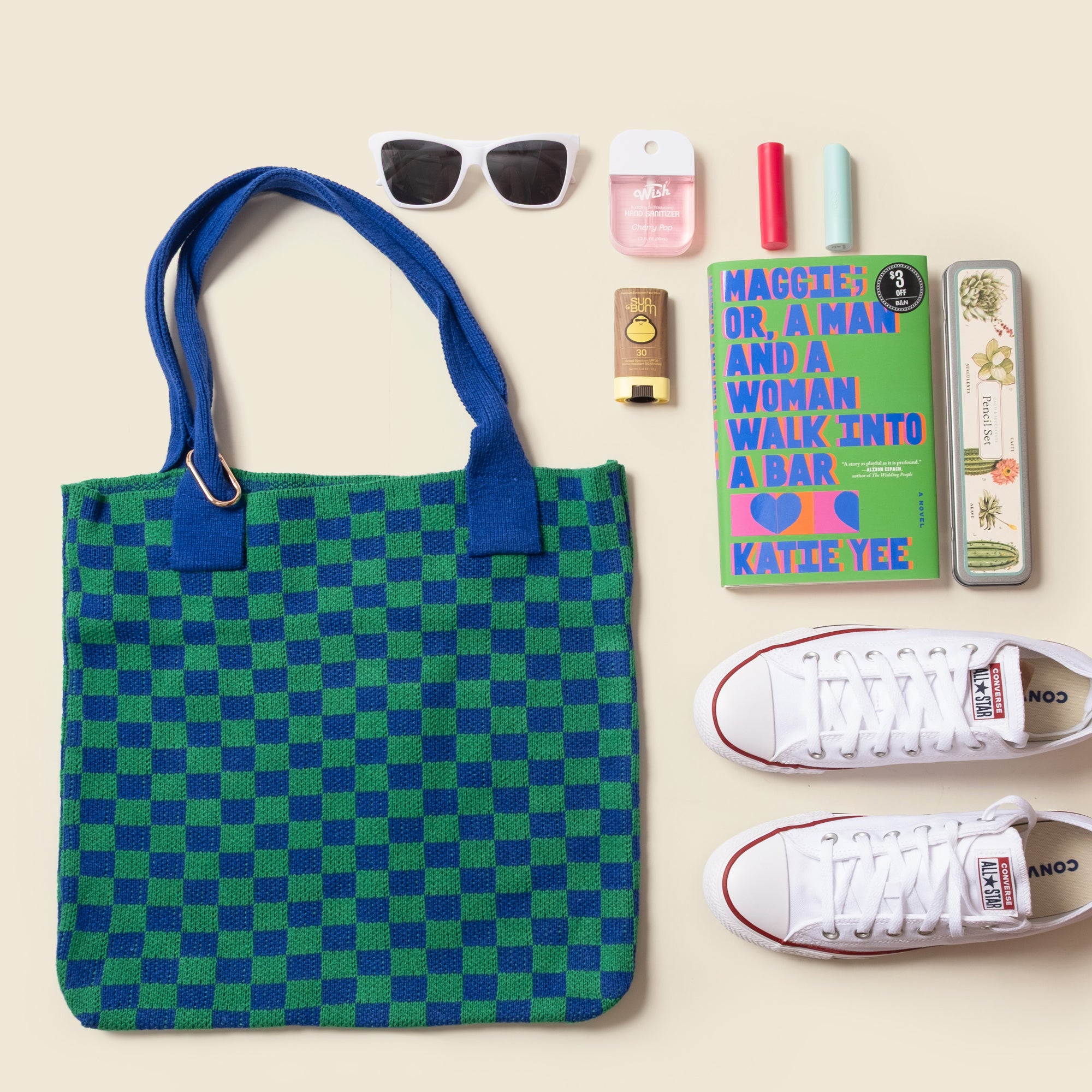 Blue and Green Checkered Tote Bag - Washable Cotton Knit with Key Ring