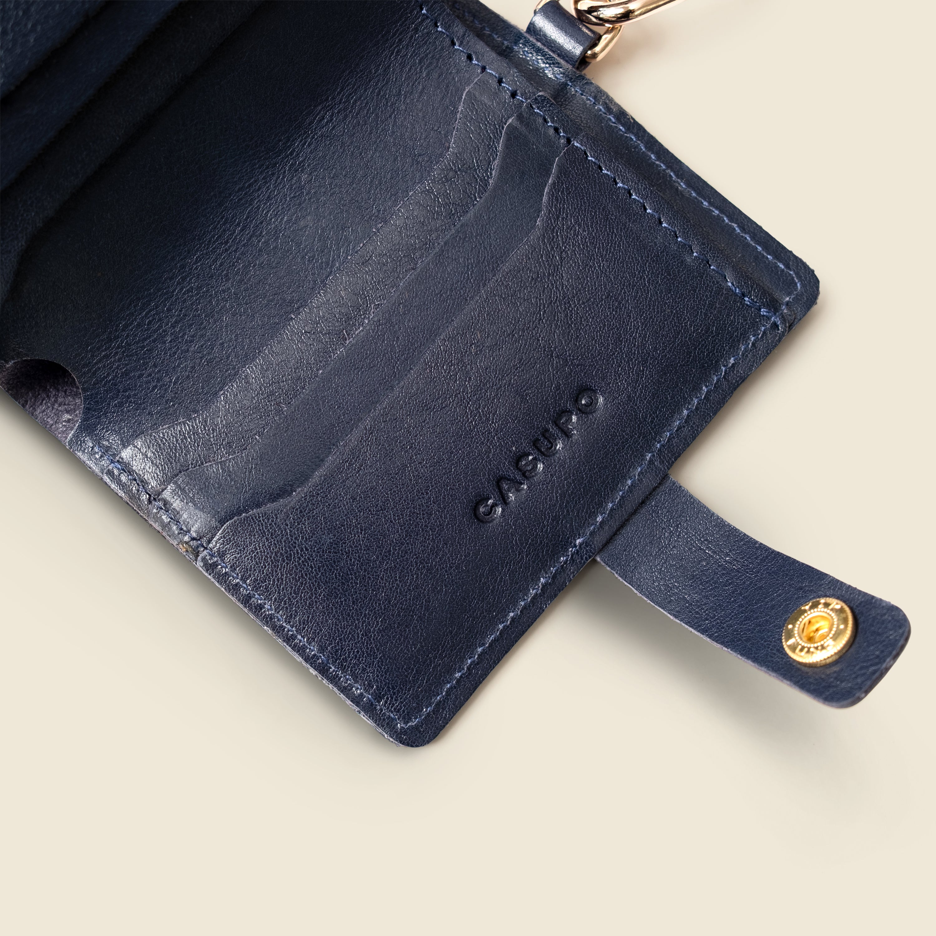 Marine blue CASUPO snap wallet open showing card slots and interior