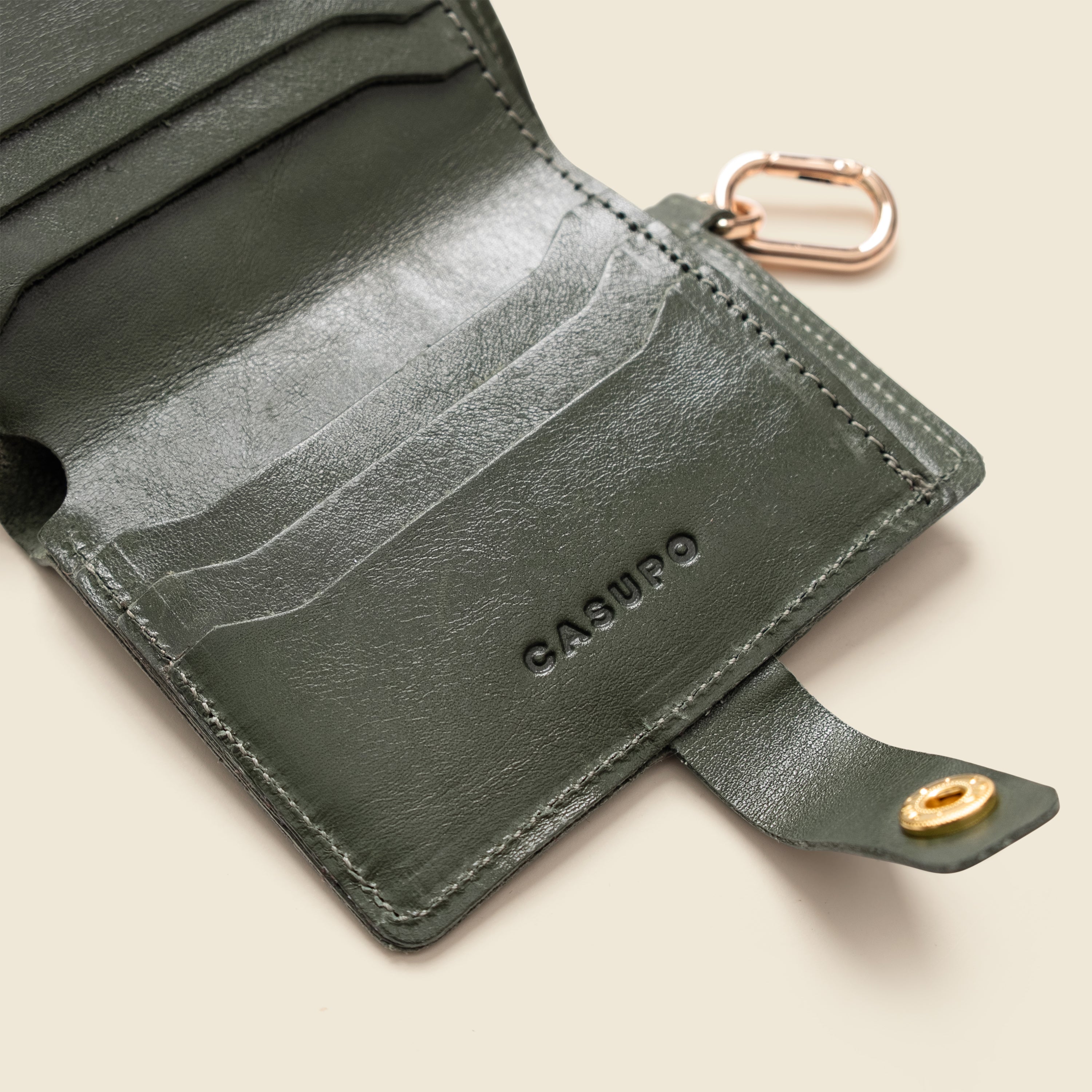 Olive CASUPO snap wallet open showing card slots and interior