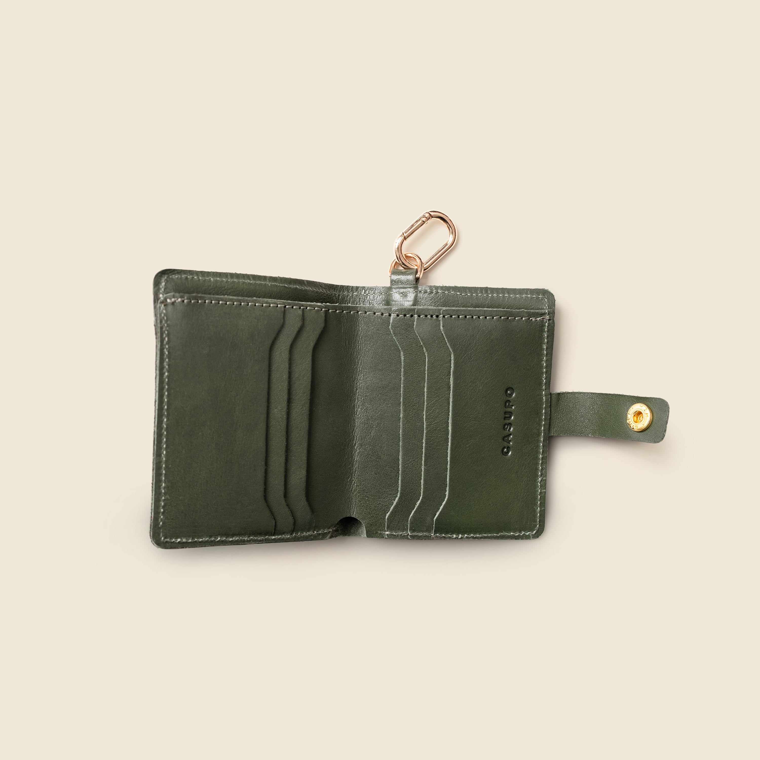 CASUPO olive snap wallet displaying card slot capacity