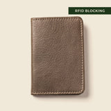 Grey leather compact bifold wallet with RFID protection