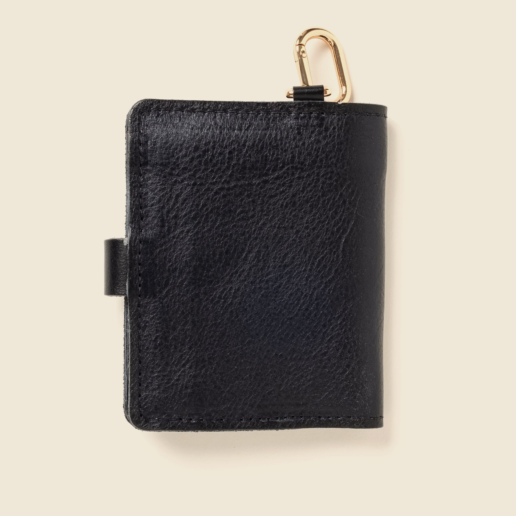 Black leather wallet with gold ring for keys or strap for men
