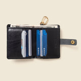 Black leather wallet with gold ring for keys or strap, open with 6 cards and cash. 