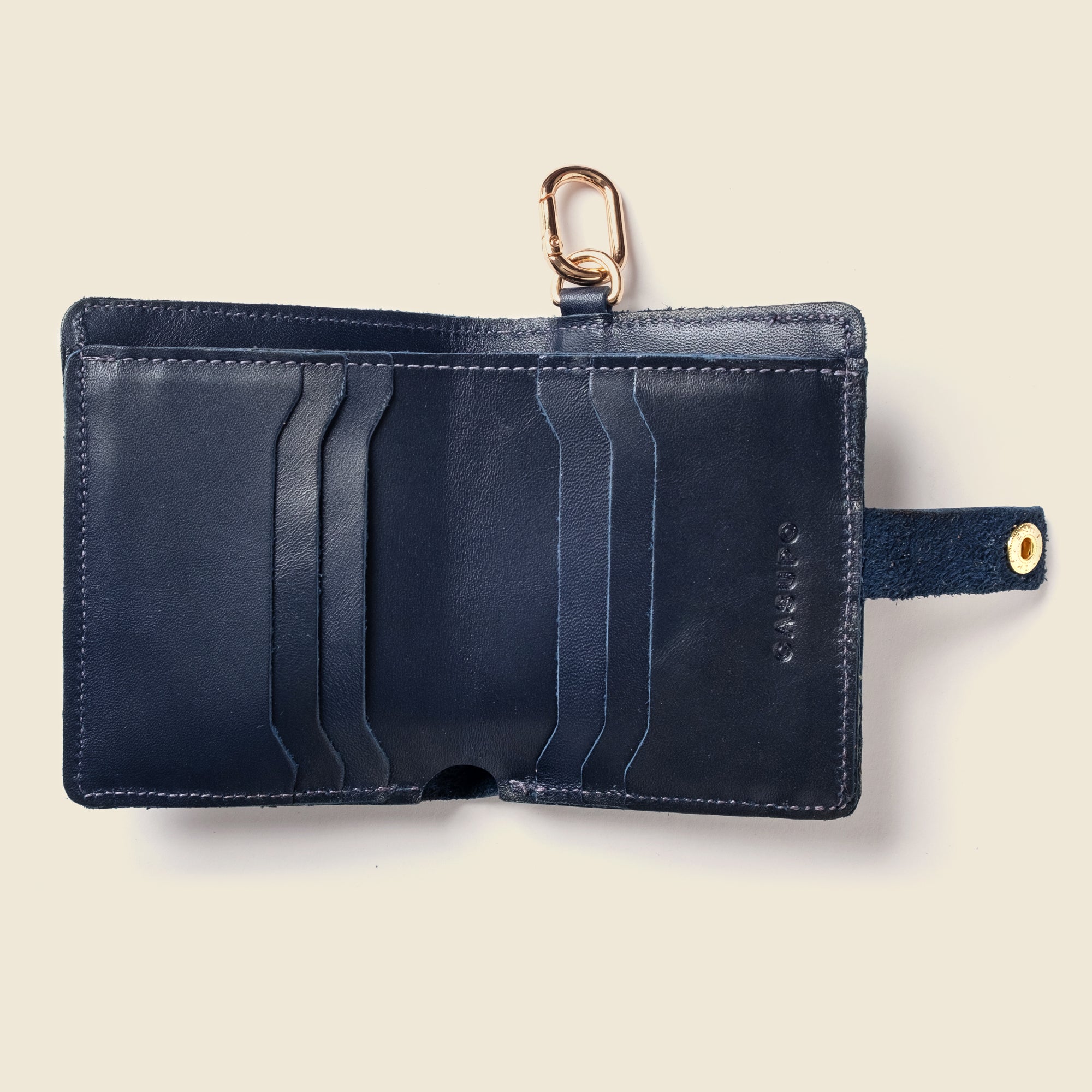 Navy leather wallet with snap for women