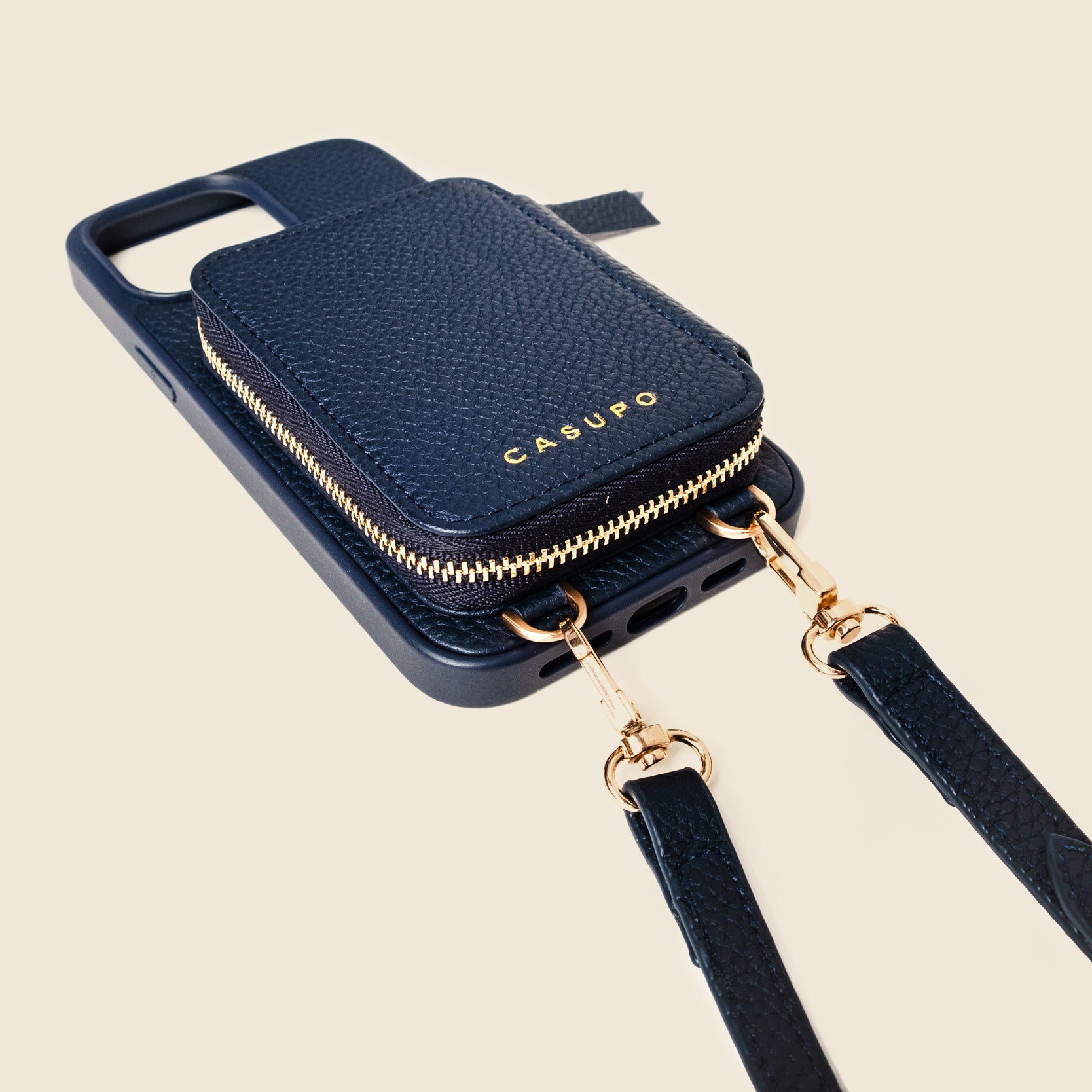 Navy blue leather iphone case bandolier wallet bag with crossbody strap