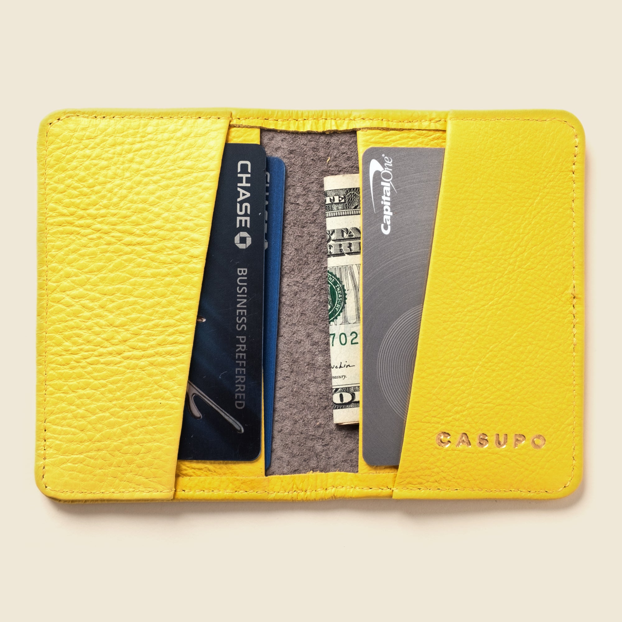 bright yellow leather bifold wallet from Casupo for minimalist