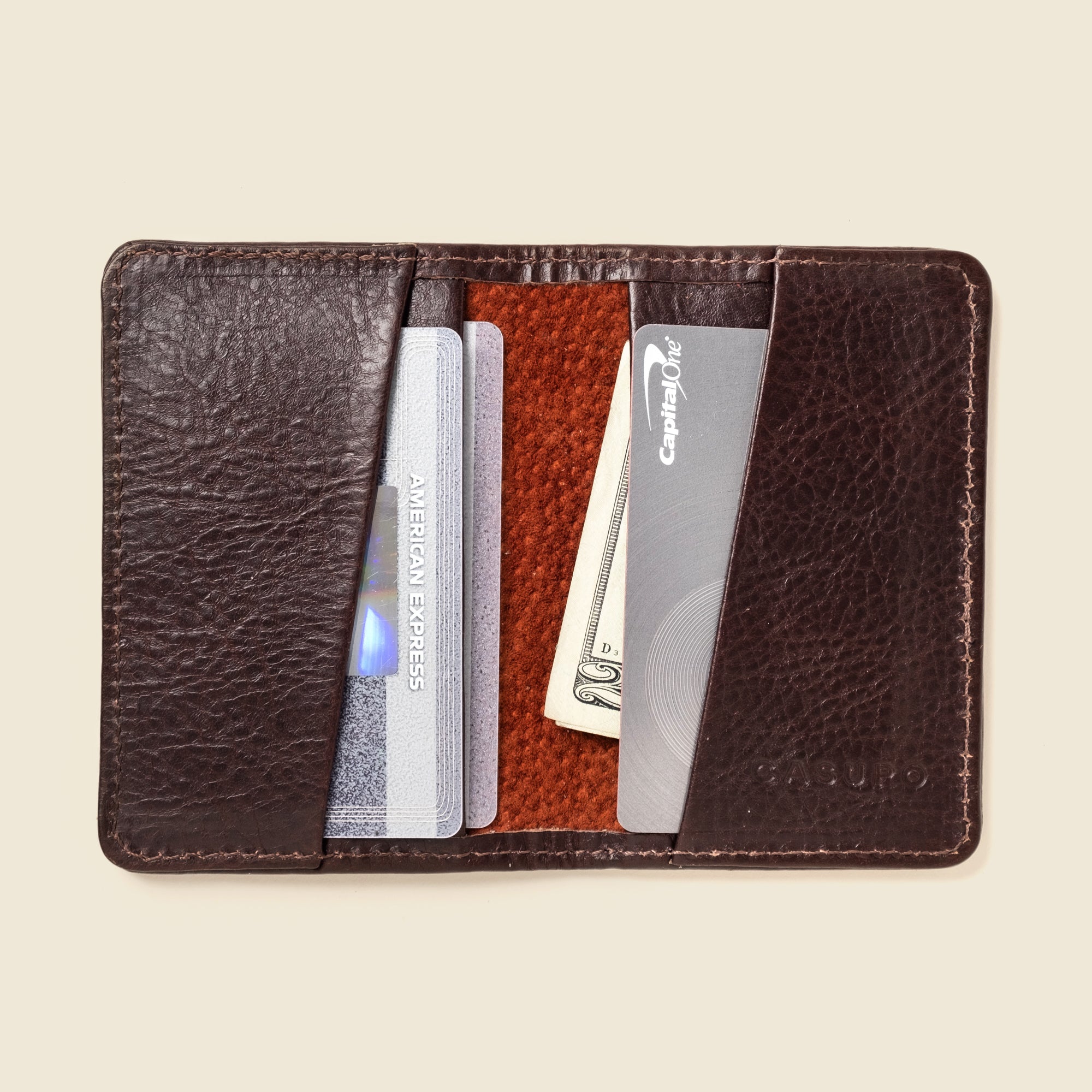 brown leather compact bifold wallet with RFID blocking