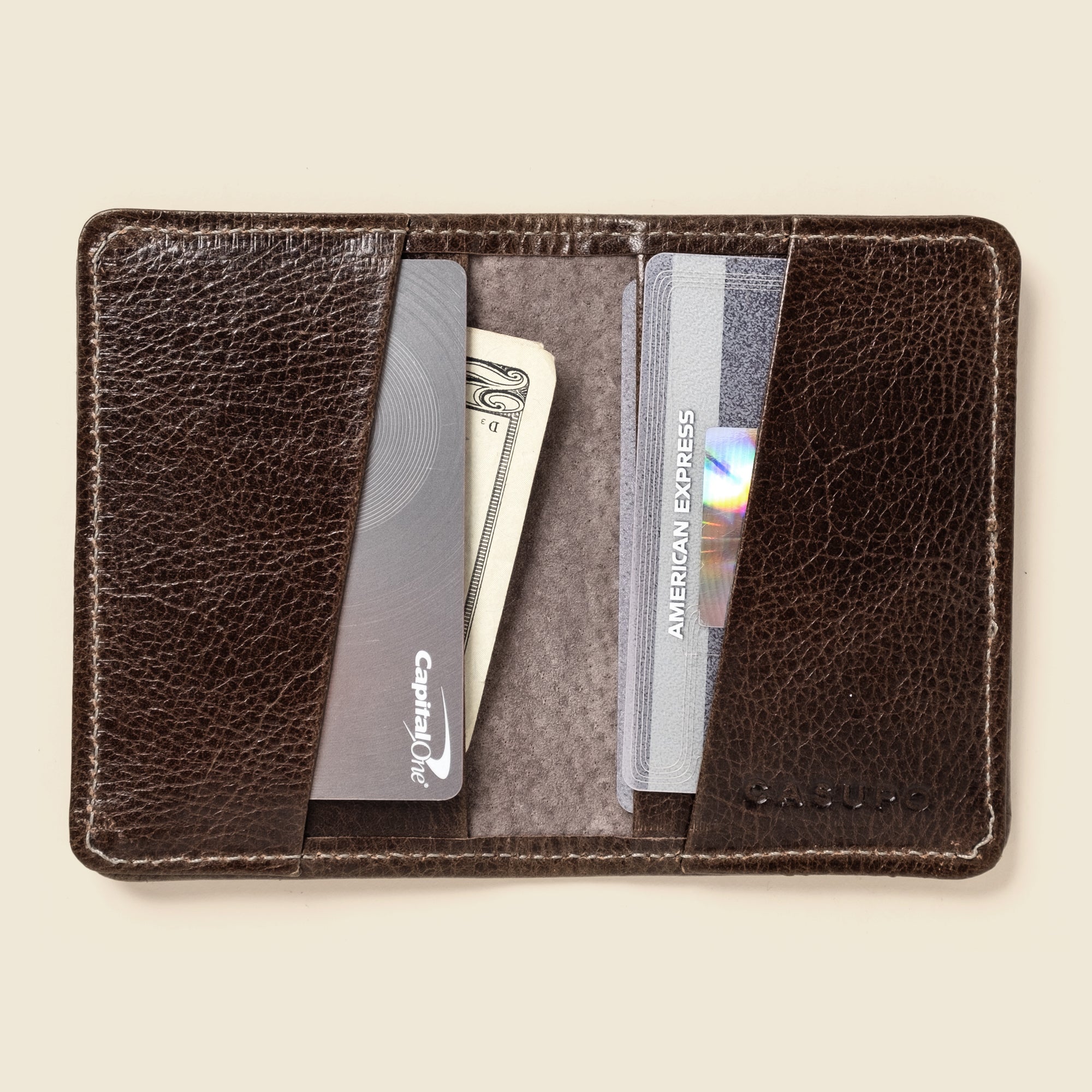 olive leather compact bifold wallet with RFID blocking