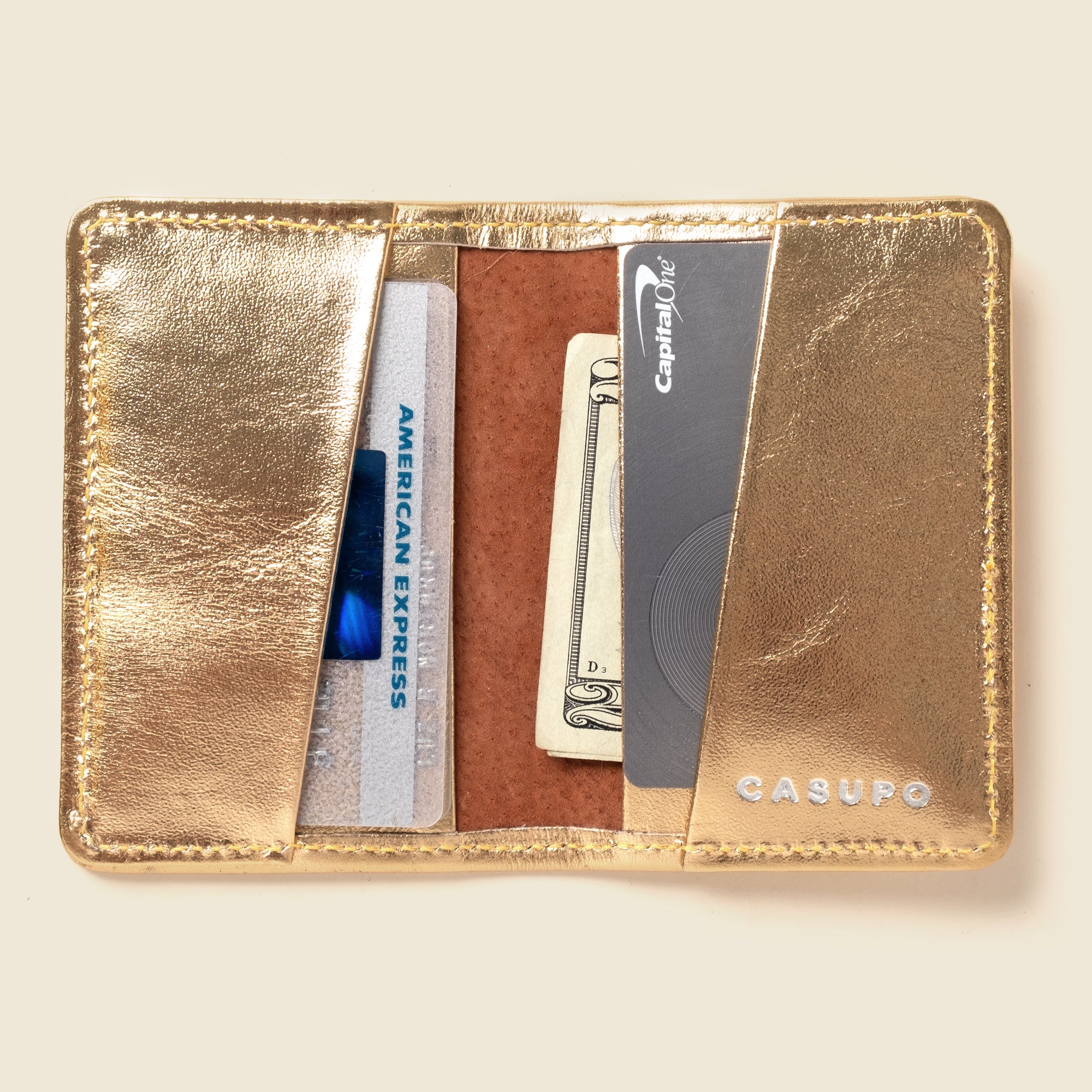 mirror gold leather bifold cardholder wallet with RFID blocking