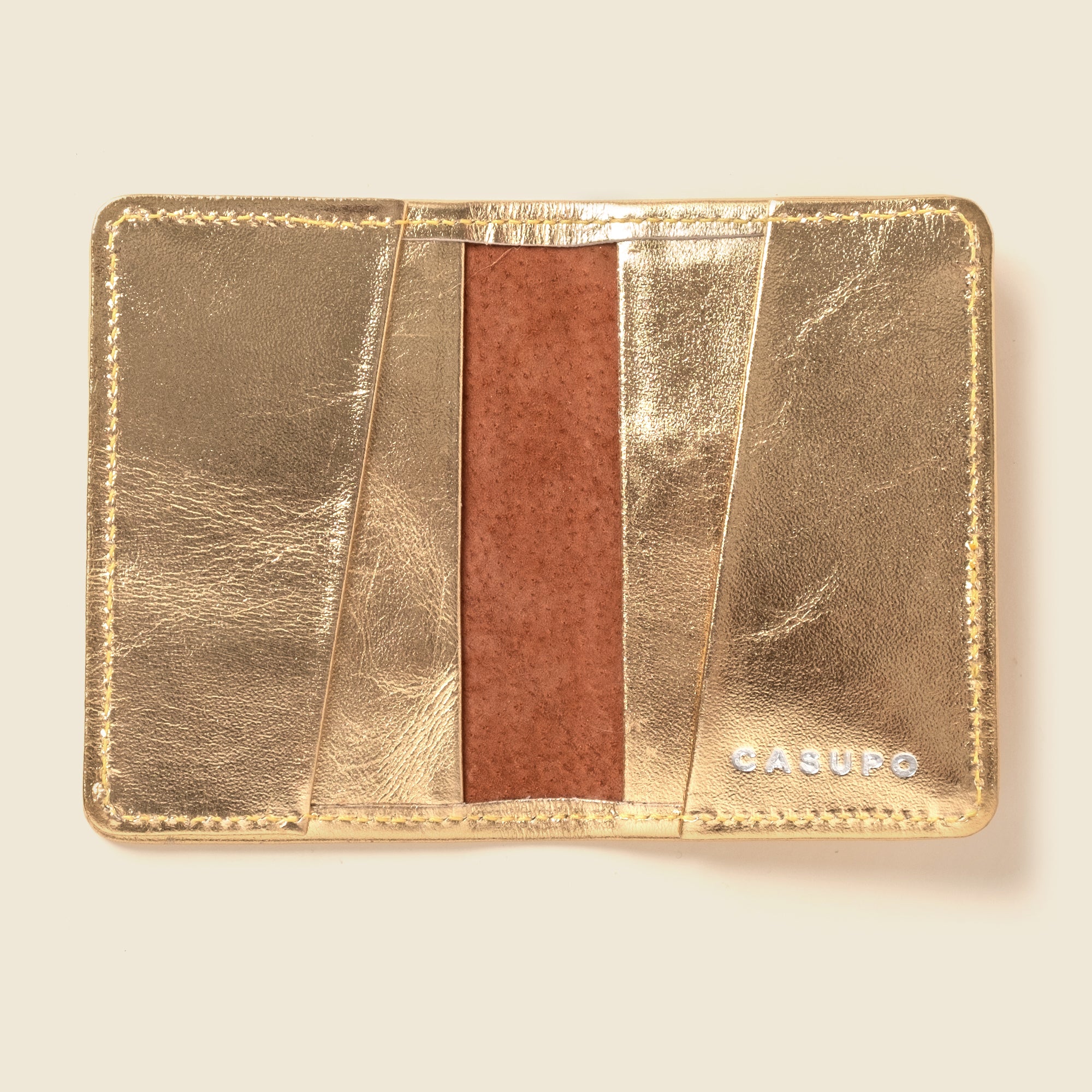 metallic gold leather bifold wallet with RFID blocking