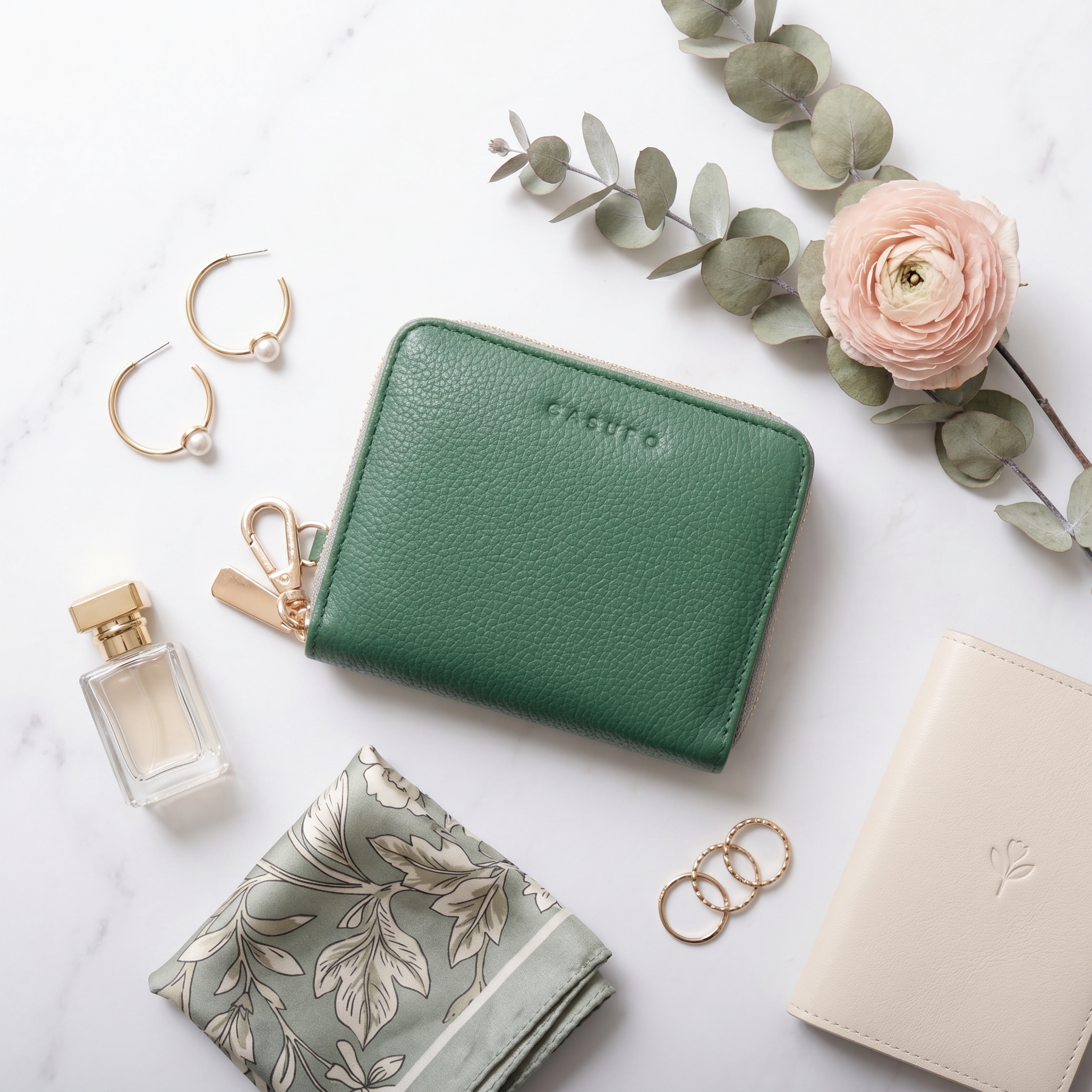 Green wallet, floral clutch, perfume bottle, and jewelry on a white surface with greenery.