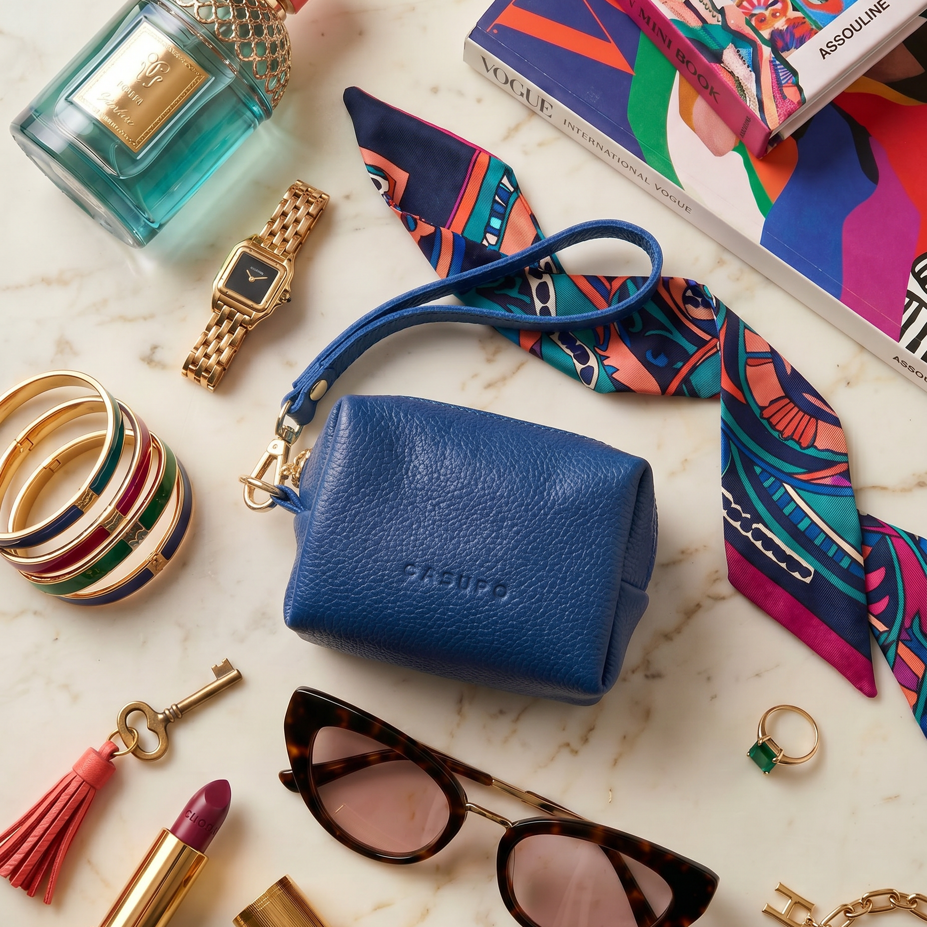 Blue handbag surrounded by accessories on a marble surface