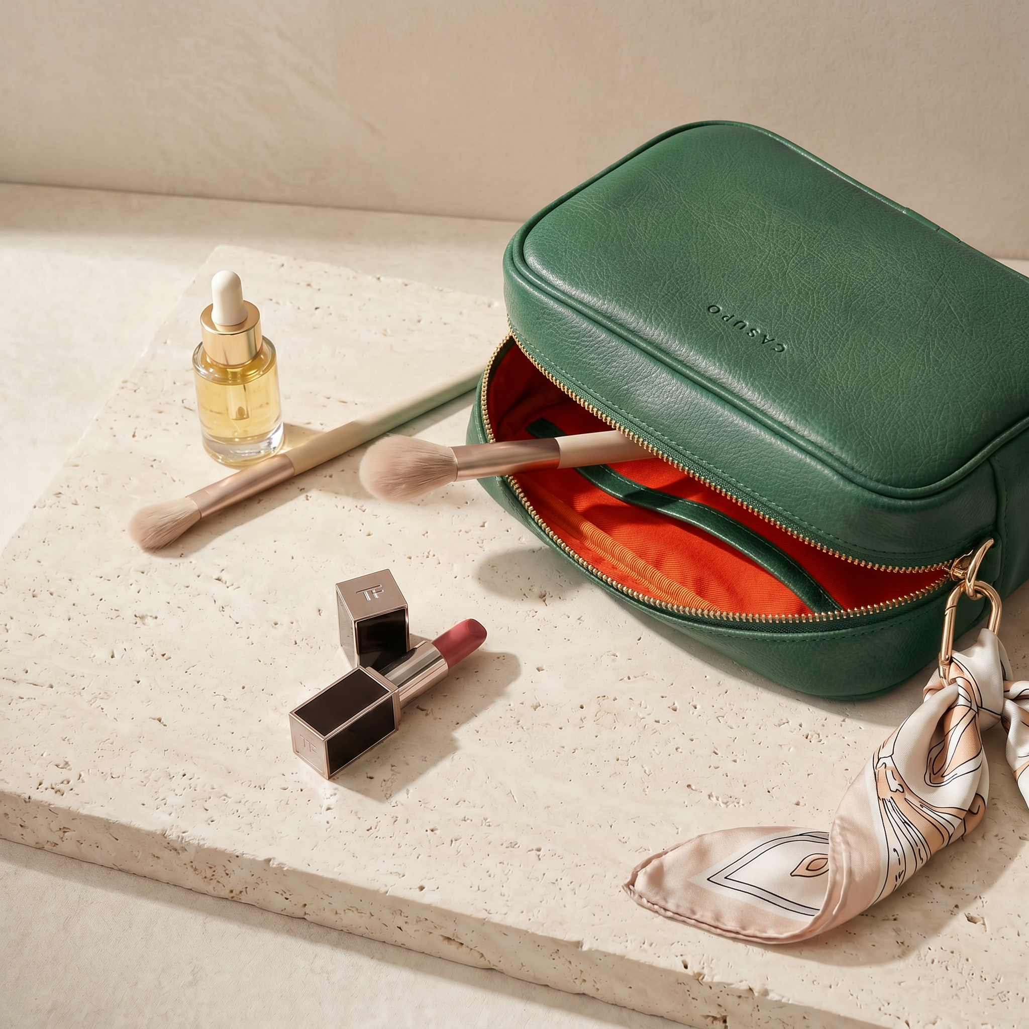 Large Leather Cosmetic Bag - Green