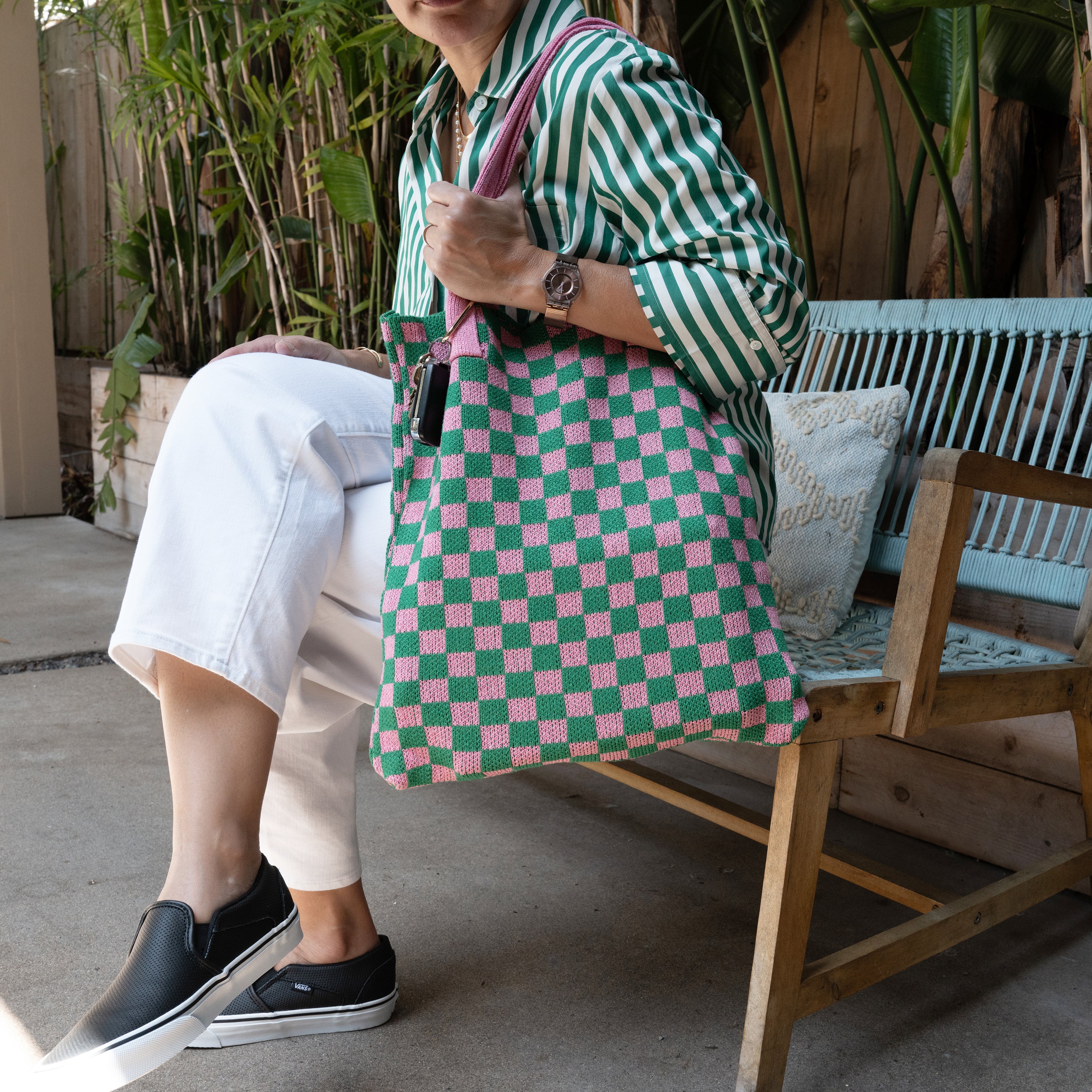 Pink and Green Checkered Tote Bag - Washable Cotton Knit with Key Ring