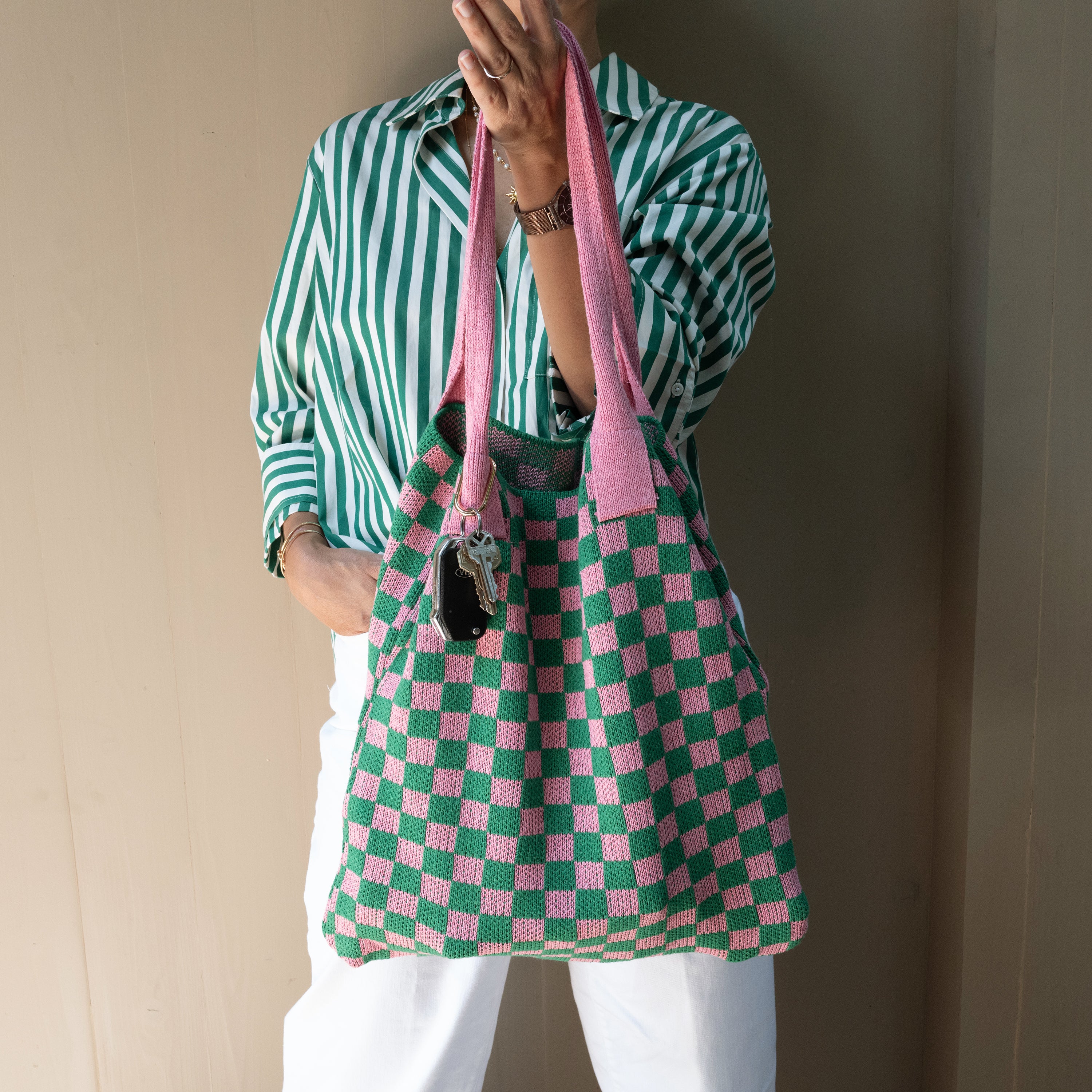 Pink and Green Checkered Tote Bag - Washable Cotton Knit with Key Ring