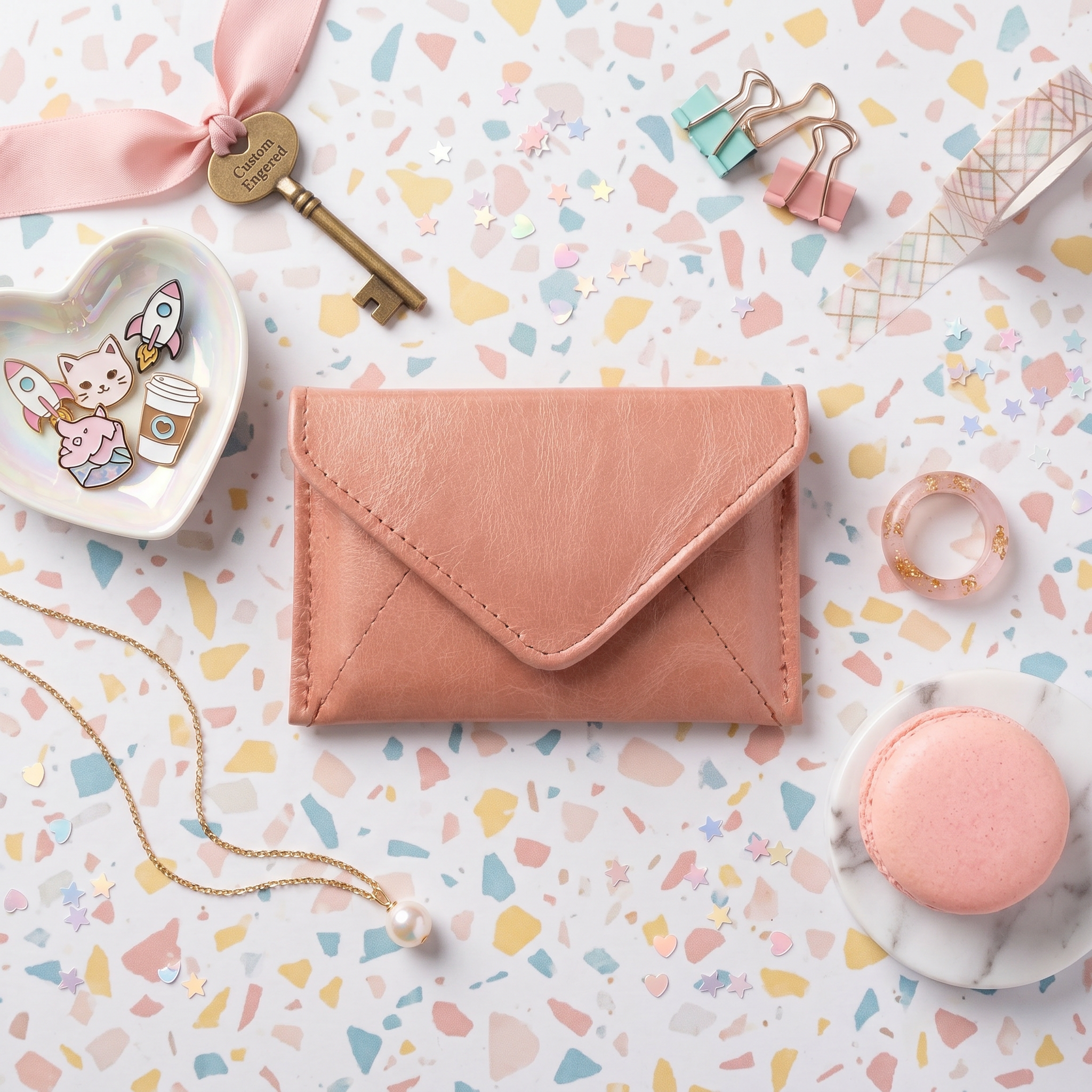 Pink envelope-shaped wallet on a colorful patterned surface with stationery items.