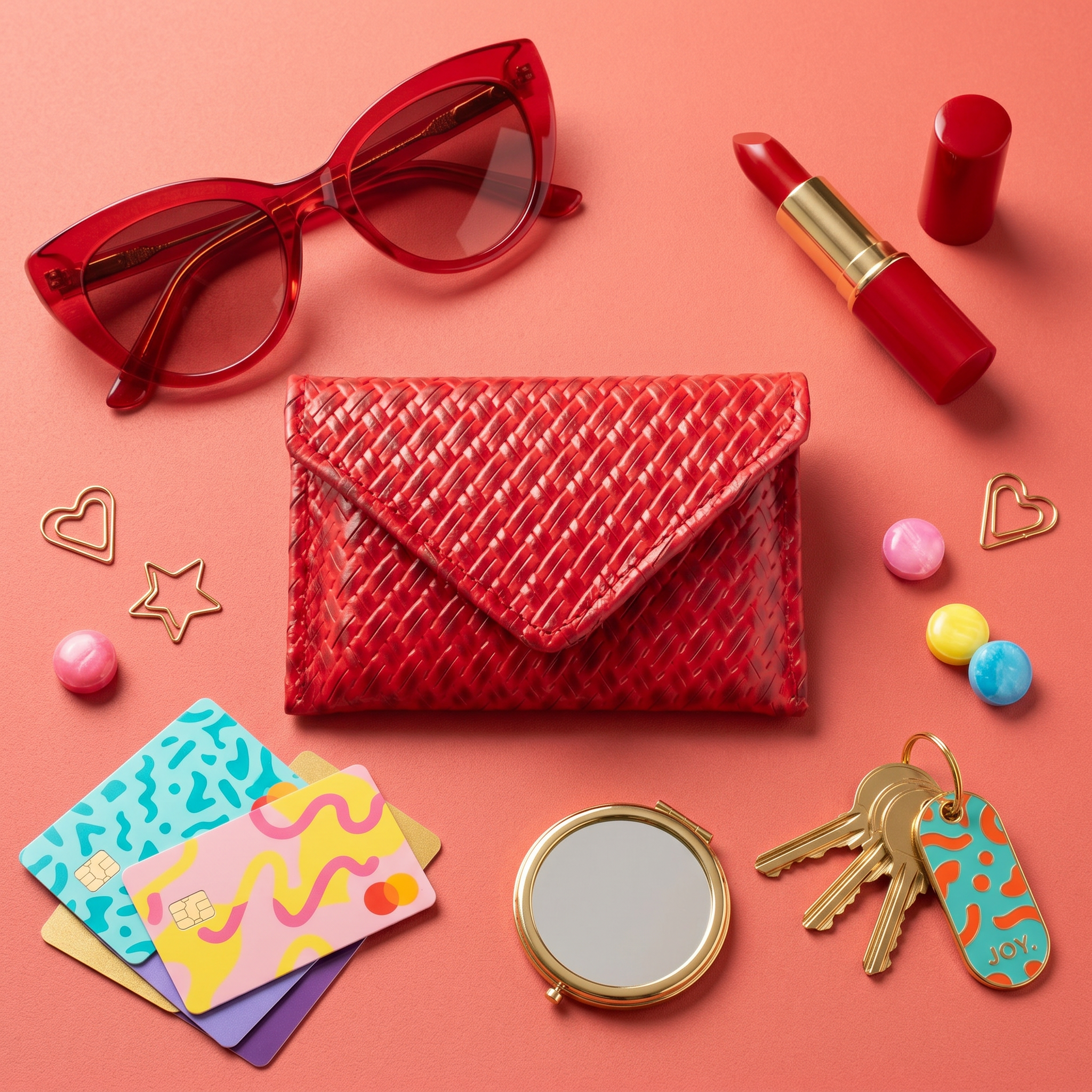 Red woven clutch bag with sunglasses, lipstick, keys, and other accessories on a pink background
