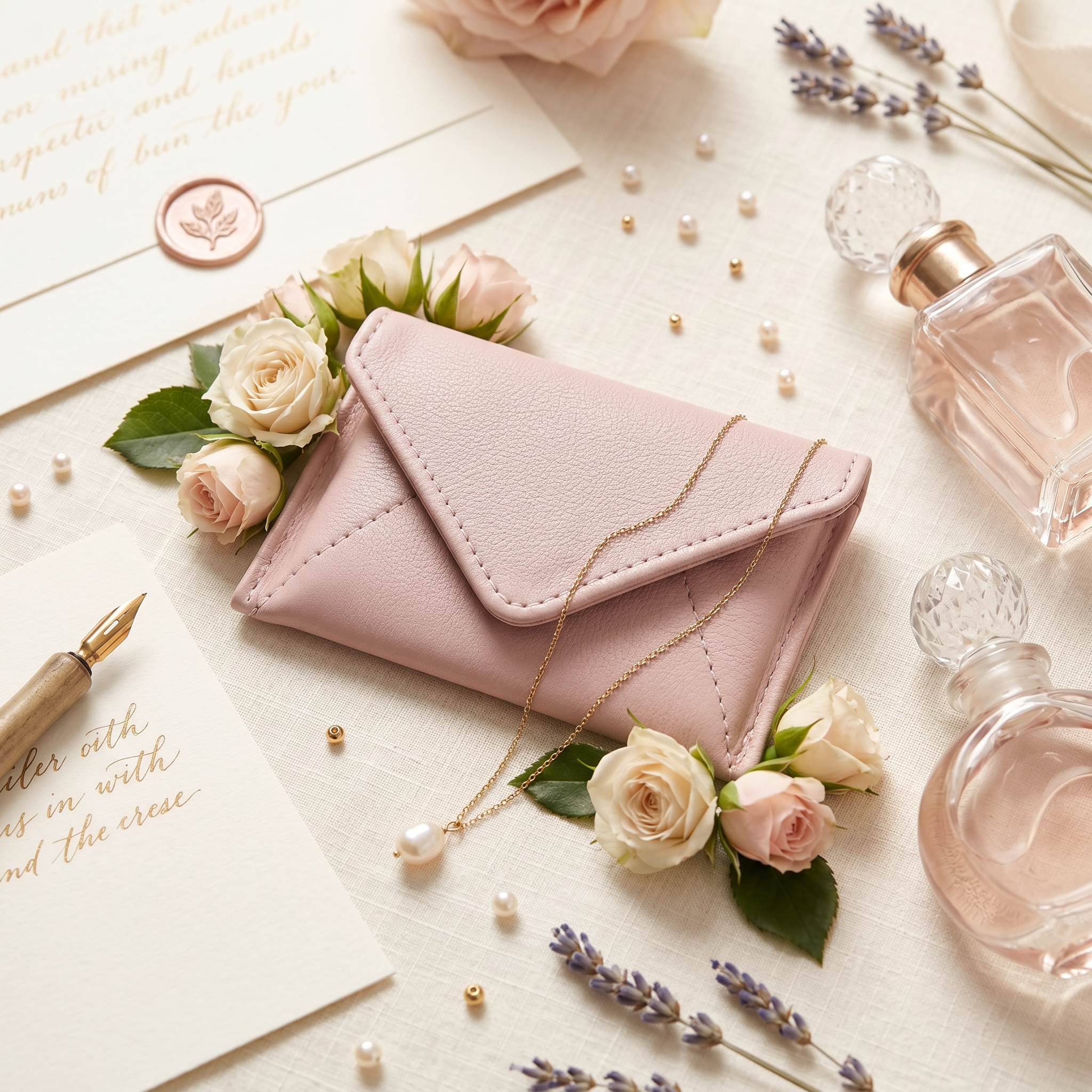 Pink envelope, roses, lavender, and perfume bottles on a light surface