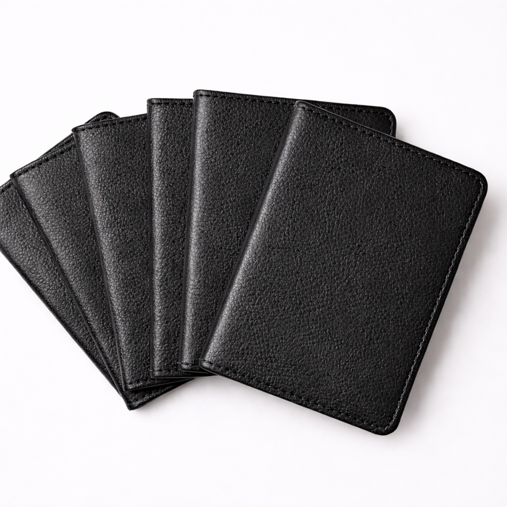 Four black textured leather card sleeves or wallet covers arranged in a fanned-out stack on a plain white background.