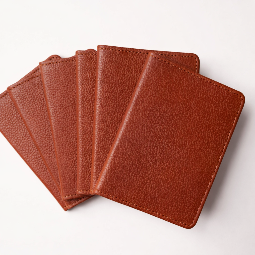 Four pebbled leather card sleeves or wallet covers in a warm cognac brown, arranged in a fanned layout on a clean white background.