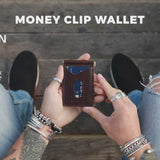 Brown money clip wallet with cards and cash in the money clip. Fits 10 cards and 10 bills.