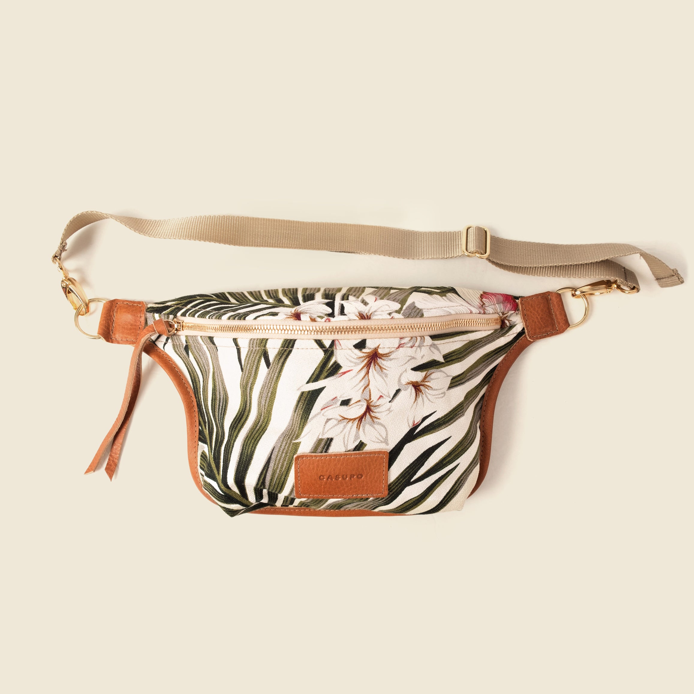 white fanny pack with flowers