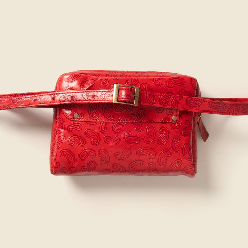 Red paisley leather fanny pack for women