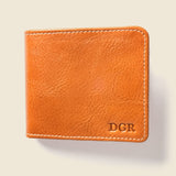 Brown leather men's wallet with embossed initials