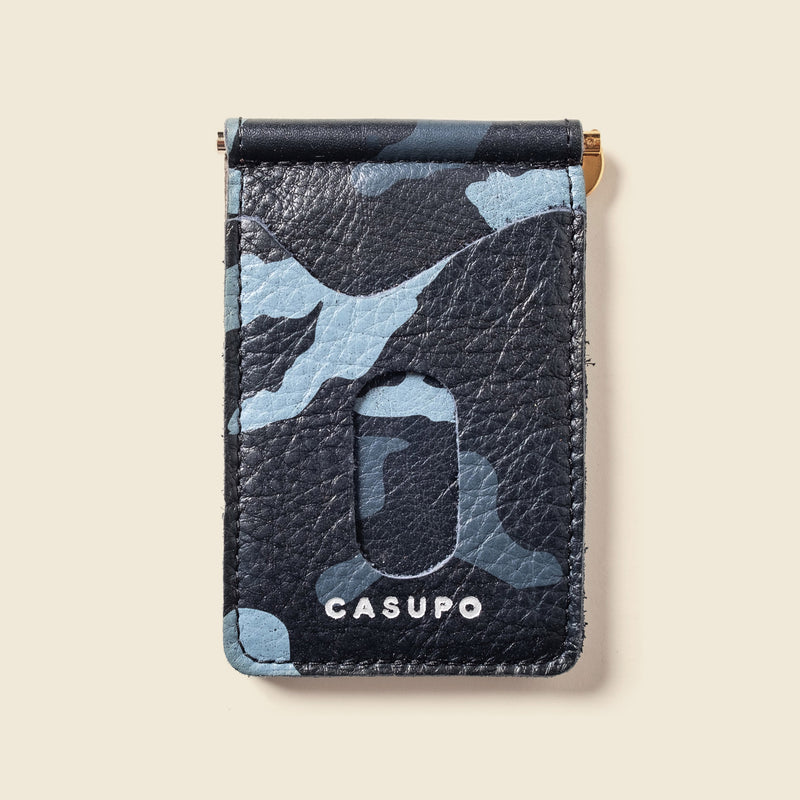 Blue Camo leather money clip wallet