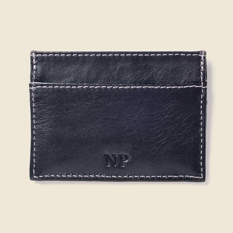 Black leather wallet with monogrammed initials
