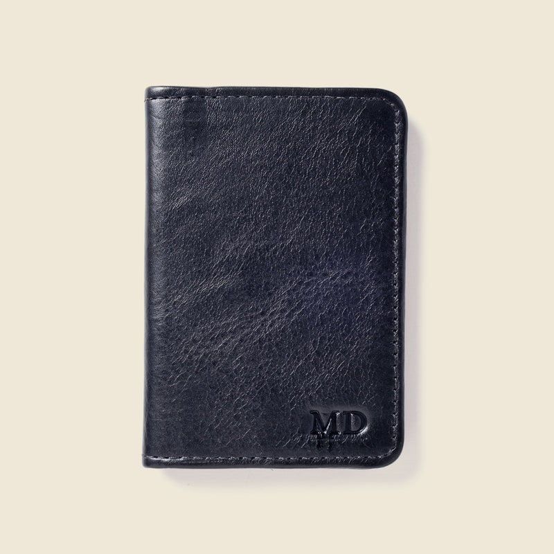 Custom black leather wallet with initials