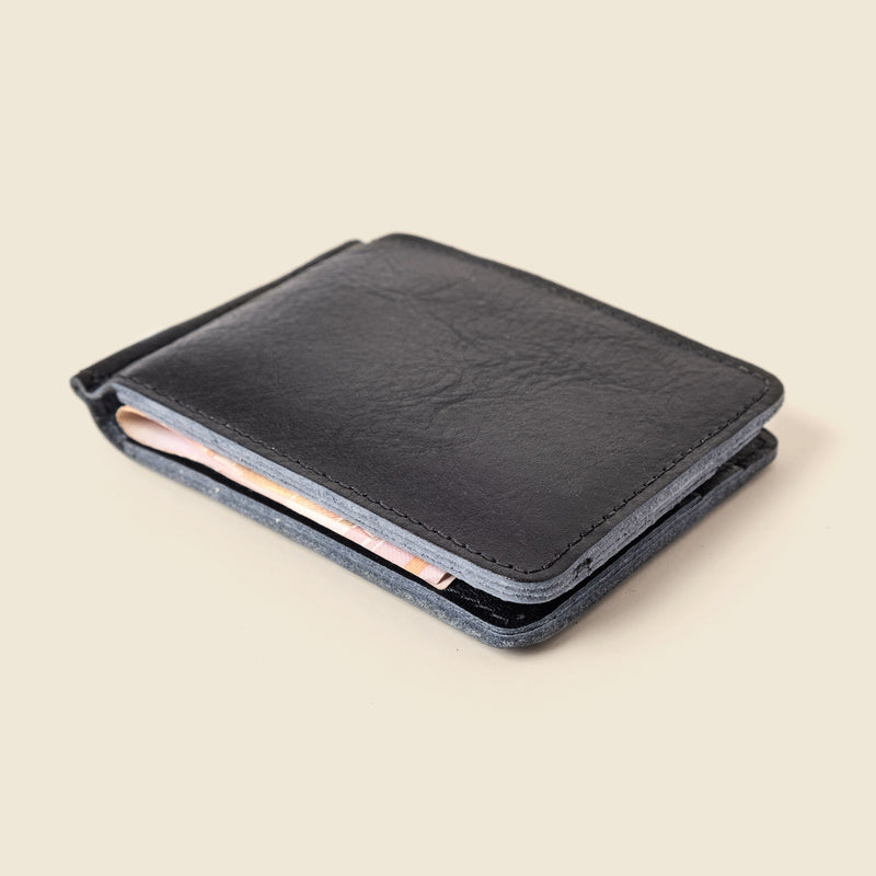 Black compact leather wallet with money clip