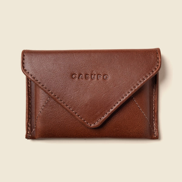Brown leather cardholder with snap